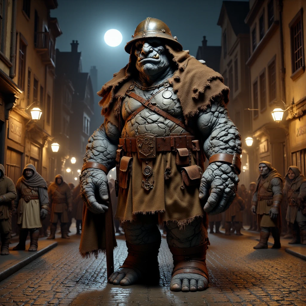 Imagine an image in the style of cinematic photorealism: A massive troll lumbers through the dark, quiet streets, his enormous frame barely fitting between the narrow buildings. Detritus wears a reinforced Ankh-Morpork City Watch uniform, with a heavy, polished breastplate reflecting the dim glow of street lamps. His kettle helmet is perched awkwardly on his large, rocky head, and his stone-like skin glistens faintly in the moonlight. His expression is one of alertness as he grips his massive crossbow, his heavy footsteps echoing through the empty streets. Despite his size, there’s a gentle thoughtfulness in his movements, showing the careful restraint of a giant in a fragile world.