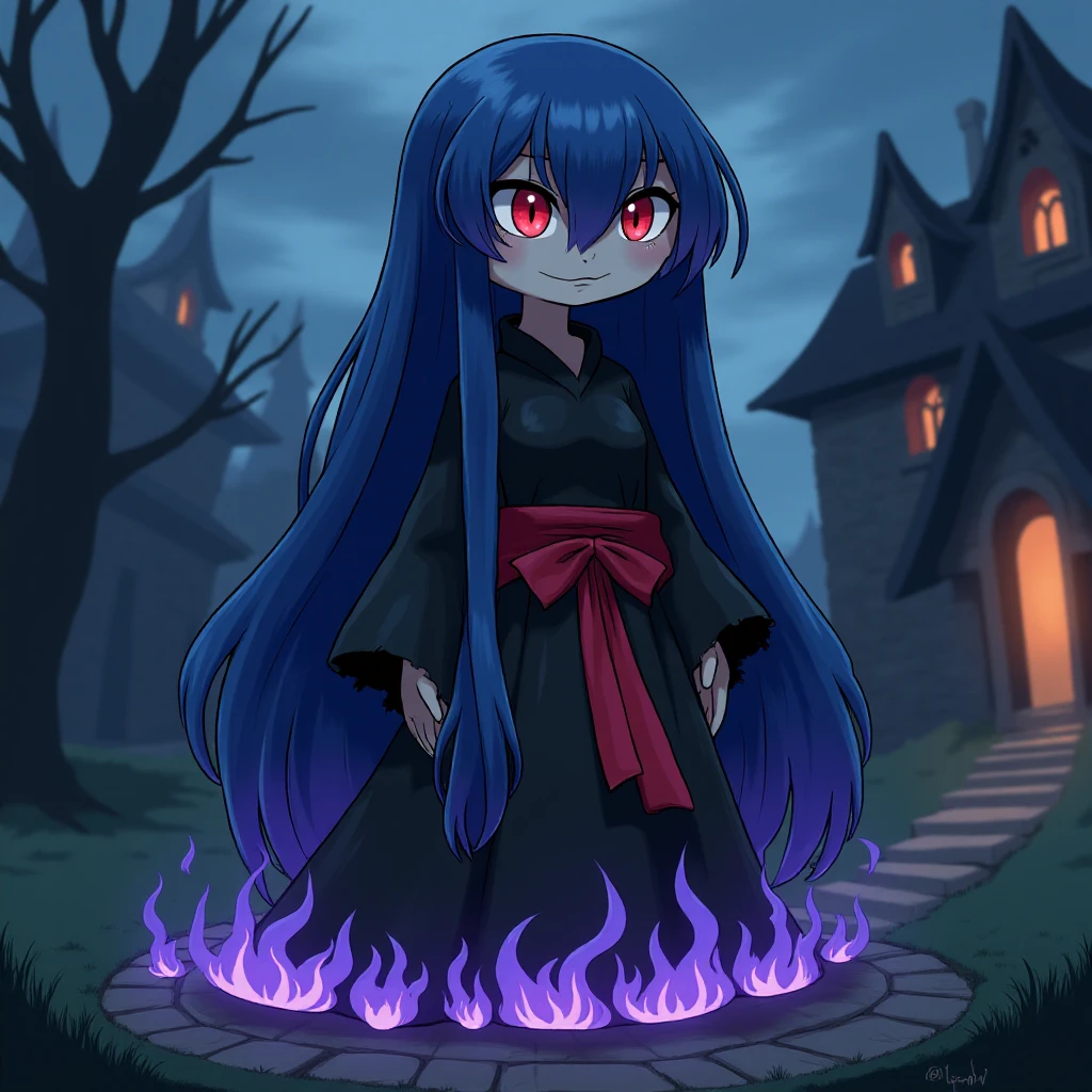 a gloomy-looking fluxfakemon that is  a tall, witch-like humanoid with a black gown-like body. Around its waist, there is a red sash. Instead of legs, blueish-purple flames flicker beneath its skirt. Its arms have frayed sleeves that fully cover its hands . The left eye has long eyelashes and a red pupil. Long blue hair covers the whole right side of its face. It is standing outside a dark gothic mansion<lora:Flux_Fake_Pokemon:0.8>