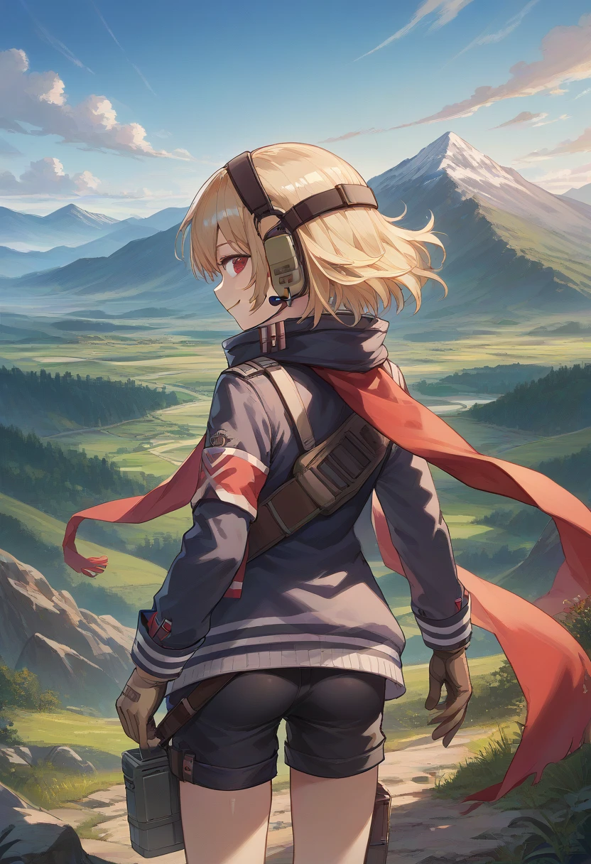 score_9, score_8_up, score_7_up, source_anime, BREAK, blonde hair, red eyes, gloves, jacket, scarf, headset, asymmetrical legwear, shorts, landscape, mountain vista, from behind, looking at viewer, smiling