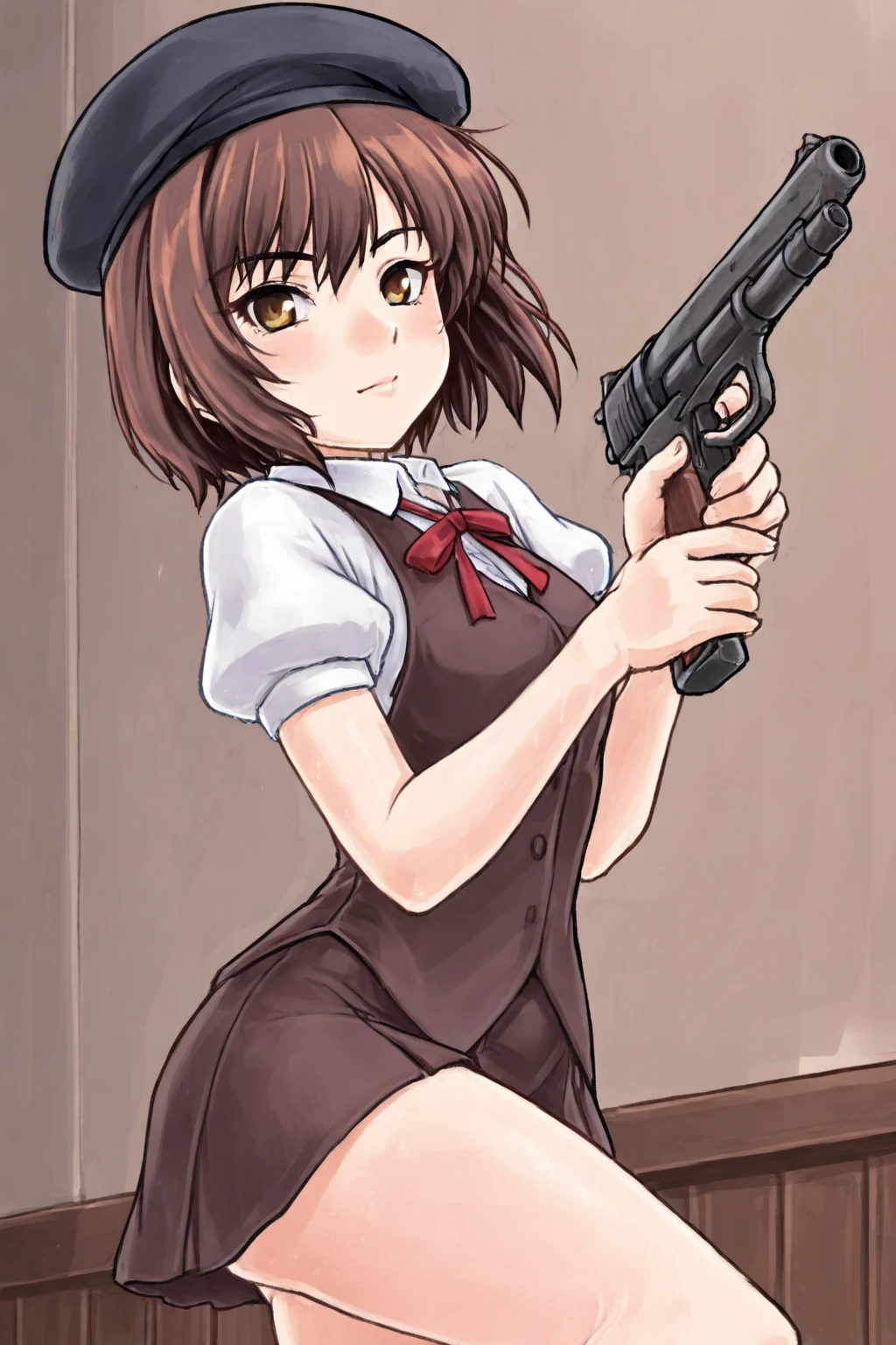 room,1girl,brown hair,short hair, beret, holding gun,  <lora:takanashi-wotori-style-IXL:1>