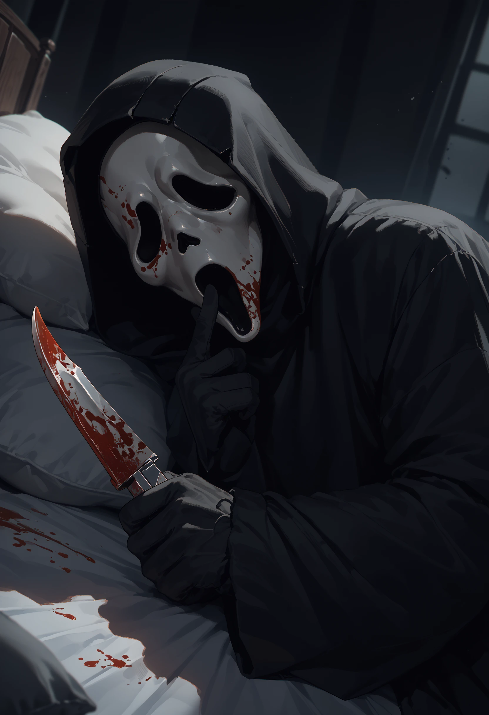 score_9, score_8_up, score_7_up, score_6_up, bed, lying, on side, pillow,
1boy, ghostface, hood, holding knife, solo, upper body, blood, finger to mouth, dark room,
<lora:ghostface_v0.2-pony:1.0>
<lora:pov_across_bed_v0.1-pony:1>