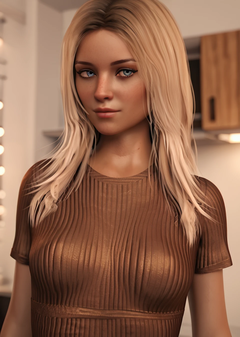 score_9, score_8_up, score_7_up, score_6_up, rockstaremma, 1girl, looking at viewer, portrait, indoors, short sleeves, brown dress, striped dress, striped shirt, solo, long hair, blonde hair, blue eyes, perfect face, perfect eyes,  freckles, medium breasts, closed mouth, depth of field, blurry background,  realistic