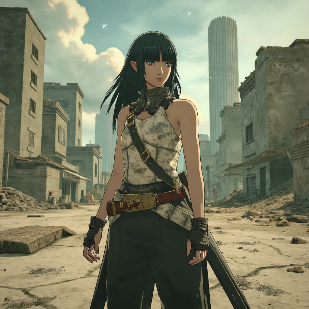 mrstyle A fierce woman stands in a post-apocalyptic landscape, her ragged clothes fluttering in the harsh wind. The ground is cracked and barren, while in the distance, dilapidated skyscrapers crumble into ruin. Despite the bleak setting, the woman stands strong, her eyes glowing with determination, ready to face whatever challenges come her wa