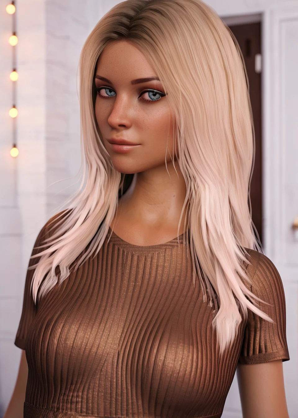 score_9, score_8_up, score_7_up, score_6_up, rockstaremma, 1girl, looking at viewer, portrait, indoors, short sleeves, brown dress, striped dress, striped shirt, solo, long hair, blonde hair, blue eyes, perfect face, perfect eyes,  freckles, medium breasts, closed mouth, depth of field, blurry background,  realistic