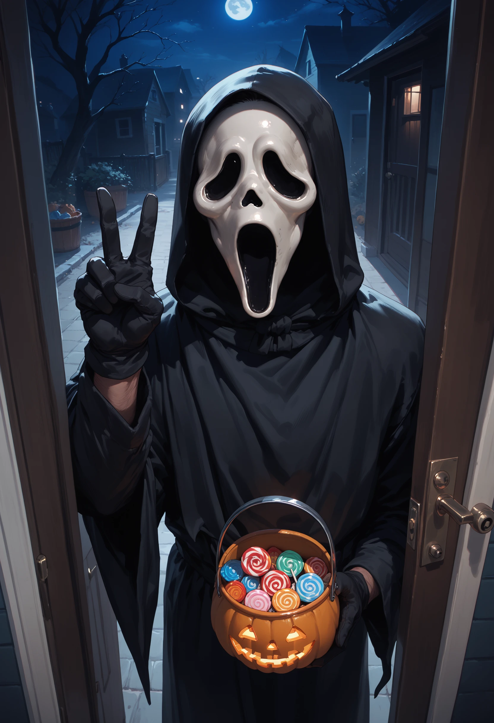 score_9, score_8_up, score_7_up, score_6_up, ghostface, upper body, 1boy, solo,
holding, halloween bucket, from above, candy, gloves, doorway, night, v sign,
<lora:ghostface_v0.2-pony:1.0>