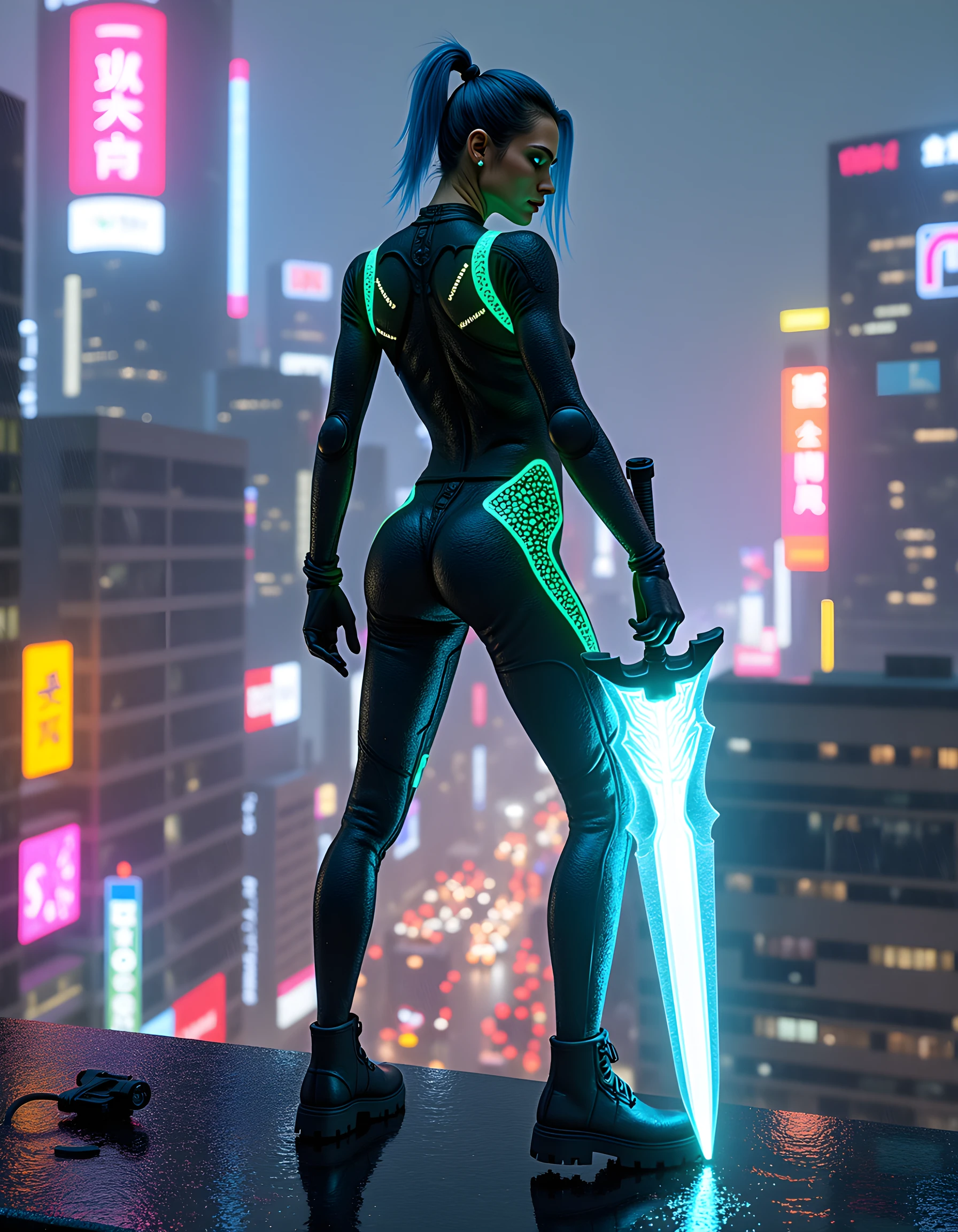 In a gritty, neon-lit cyberpunk metropolis, N1C0L3V, a woman with electric blue hair and an intricate, glowing exoskeleton bodysuit that shimmered with digital patterns, stands defiantly on the edge of a rain-soaked rooftop overlooking the city below. Her piercing green eyes glint with determination as she clutches a high-tech energy sword in one hand and a holographic map in the other, her silhouette illuminated by the pulsating neon lights reflected in the puddles beneath her boots. The camera angles from below creates a dramatic perspective, emphasizing her towering presence amidst the dystopian cityscape, as raindrops splatter against the lens, further highlighting the chaotic energy of this dystopian world.