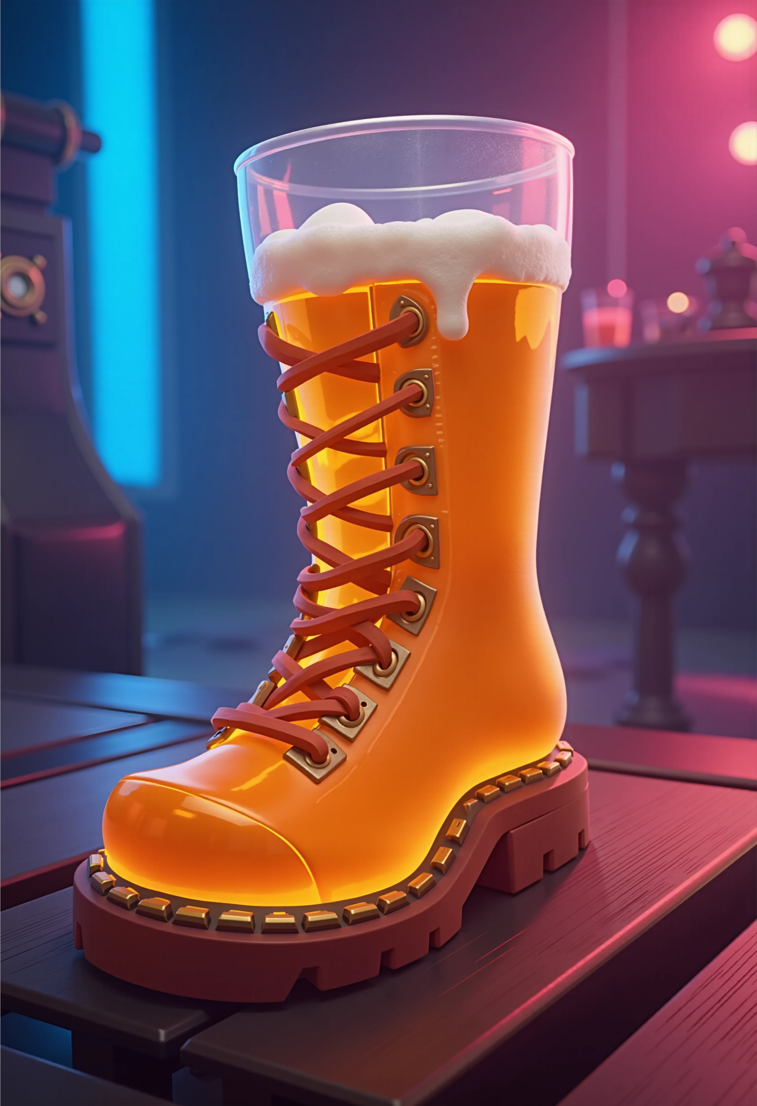 ClashR style, colorful lights, A glass boot filled with beer