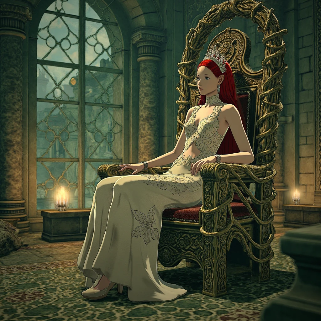 mrstyle A queen seated on a throne of twisted vines and roots, her gown made of shimmering leaves and flowers. She gazes out over her enchanted court, where her subjects—fantastical creatures and beings—watch her in awe. The air is thick with magic, and the throne room is filled with light filtering through intricate, glowing windows of living wood