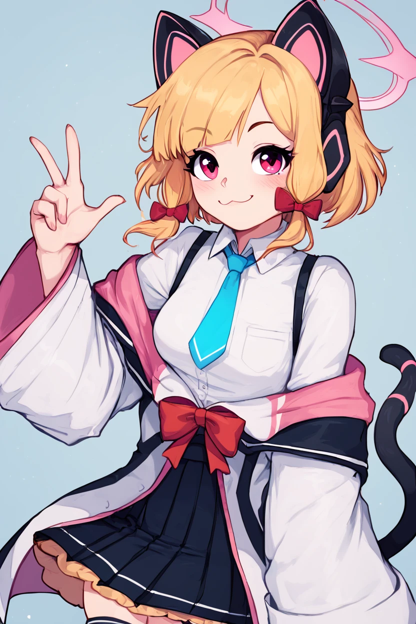 score_9, score_8_up, score_8, medium breasts, (curvy), cute, eyelashes,       BREAK, , ,,, zzMomoi, blonde hair, animal ears, fake animal ears, animal ear headphones, headphones, short hair, bow, halo, cat ear headphones, hair bow, red bow, pink eyes, pink halo, tail, cat tail, red eyes, collared shirt, long sleeves, pleated skirt,  white shirt, black skirt, blue necktie, white jacket, wide sleeves, black thighhighs, suspender skirt ,<lora:Momoi_BlueArchive_PDXL:0.8>,    ,,,, BREAK, <lora:Afrobull_PDXL_v5:0.8>,  ,,, BREAK, smile, looking at viewer, closed mouth, cowboy shot,  ,,, embedding:zPDXL, Expressiveh, ,,, <lora:SDXLFaeTastic2400:0.5>, <lora:Expressive_H-000001:0.4>,