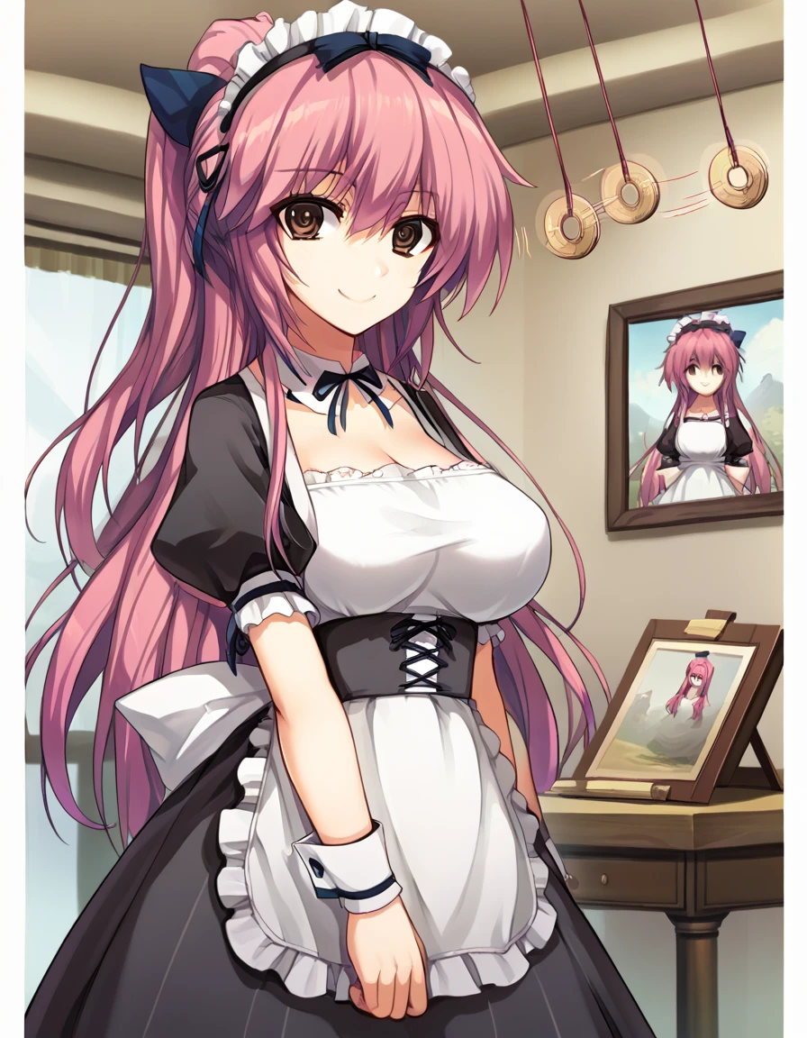 score_9, score_8_up, score_7_up, source_anime, <lora:accela-ingame-ponyxl-lora-nochekaiser:1>, accela, long hair, large breasts, brown eyes, ponytail, pink hair, large breasts,, thighhighs, apron, white thighhighs, zettai ryouiki, wrist cuffs, maid, maid headdress, museum, art exhibit, paintings, observing, quiet contemplation, cultural experience, smile, <lora:pendulum-ponyxl-lora-nochekaiser:1>, pendulum, holed coin, coin on string, hypnosis, mind control, coin, @ @,, looking at viewer, solo,, dutch angle, cowboy shot