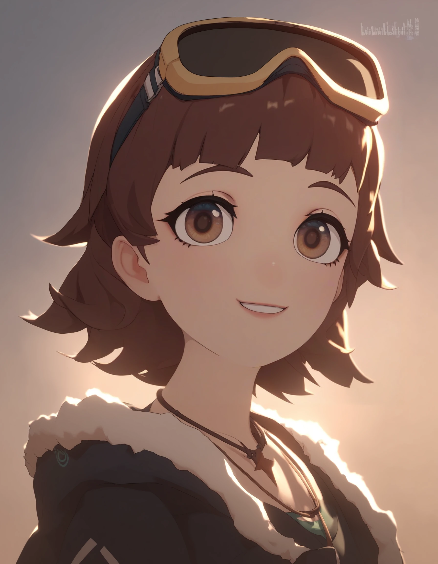 score_9,score_8_up,score_7_up,source_anime,<lora:ykzg_pony:1>,1girl, goggles, goggles on head, solo, brown hair, looking at viewer, smile, brown eyes, backlighting, short hair, necklace, jewelry