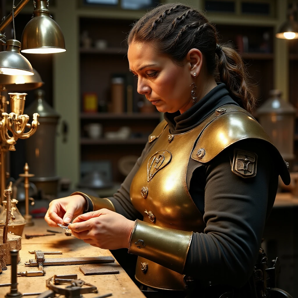 Imagine an image in the style of cinematic photorealism: A short, stocky female dwarf stands at a cluttered workbench, her Ankh-Morpork City Watch uniform neat and tidy, with a small, polished breastplate that reflects the soft glow of nearby lanterns. Her most striking feature is her well-groomed, neatly braided beard, adorned with small decorative beads that glint in the light. Cheery’s face is focused and serious as she examines a piece of evidence with delicate tools, her keen eyes studying every detail. Her fingers, though rough from years of work, handle the delicate instruments with precision.