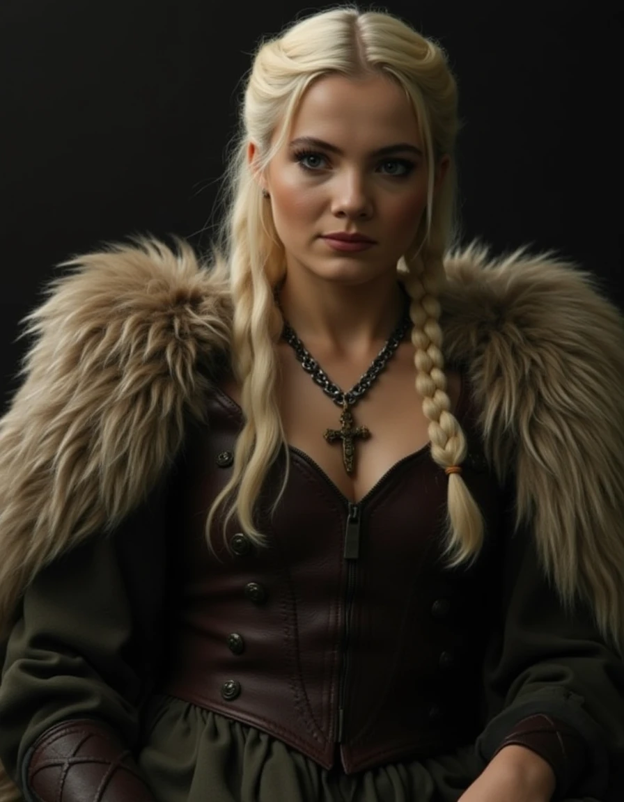 <lora:Freya_Allan_Flux_r1:1> This is an image of Cirilla of Cintra from the Netflix show The Witcher, blonde hair, braided, fur shoulders. tunic, pants.