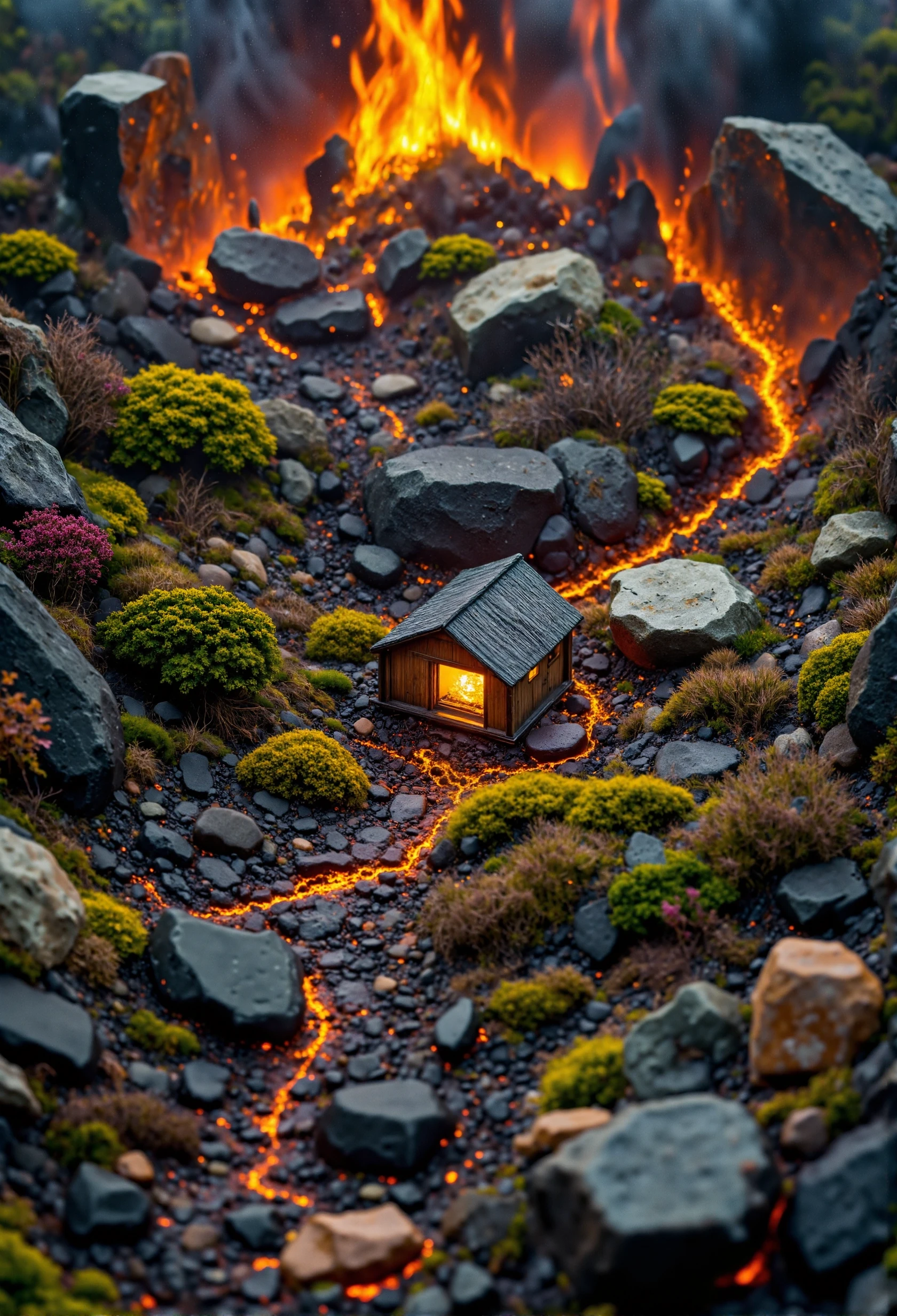 microscopic Ork camp in volcanic landscape birds eye view