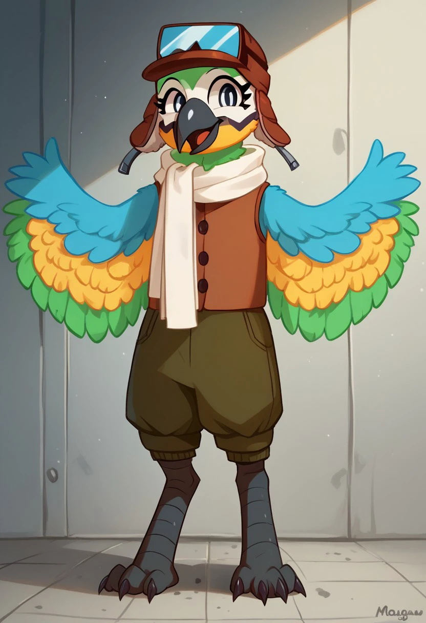 score_9, score_8_up, score_7_up, score_6_up, score_5_up, score_4_up, standing, hangar, 1girl, Mollie Macaw, bronze vest, white scarf, wings, light shading, pilot hat, full body view