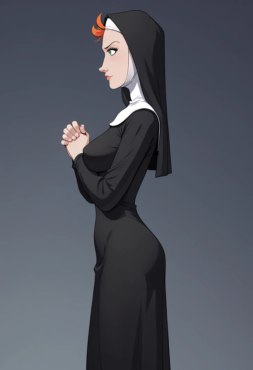 <lora:add-detail-xl:1> <lora:easynegative:1> <lora:JK-Mercy:1> score_9, score_8_up, score_7_up, score_6_up,  mercy, mature woman, very tall, 1girl, green eyes, nun, orange hair, habit, dress, own hands together, parody, from side, large breasts, nun