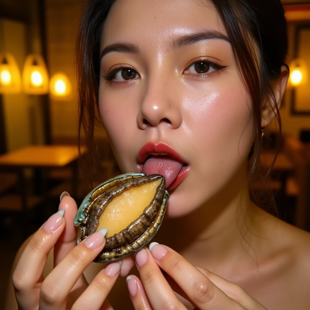 Close-up portrait of a woman indulging in the sensual pleasure of savoring grilled abalone, her face illuminated by the warm, flickering glow of the charcoal embers, eyes half-lidded in anticipation as she extends her tongue to taste the succulent morsel, full, slightly parted lips revealing a hint of moisture, a look of pure desire and abandon on her face as she leans in to caress the abalone with her tongue, the plump, ivory flesh of the shellfish glistening invitingly, tiny droplets of savory juice clinging to its surface, the woman's tongue just barely grazing the tender meat, a fleeting moment of contact that sends a visible shiver of delight through her, slender fingers cradling the abalone shell with reverence and urgency, its mottled brown and green hues a striking contrast to her creamy skin, delicate wisps of steam rising from the freshly grilled delicacy, carrying its enticing aroma to her eager nostrils, the woman's hair cascading in soft, tousled waves, a few errant strands clinging to her flushed cheeks, her expression one of unabashed rapture and indulgence, lost in the heady sensations of taste, touch, and scent, background an artful blur of golden light and shadow, keeping the focus squarely on the woman's face and the object of her desire, the image captured in vivid, high-definition detail, every nuance of her expression and the abalone's texture rendered in stunning clarity, the composition intimate and provocative, drawing the viewer into the woman's private moment of sensual abandon, the interplay of light and shadow, the juxtaposition of soft skin and firm shellfish, the palpable hunger in her eyes - all combining to create a powerfully erotic and emotionally charged portrait of culinary ecstasy, 4k resolution, award-winning food photography, editorial portrait with a sensual twist.