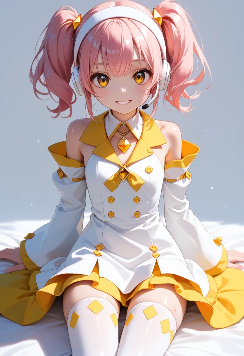 score_9, score_8_up, score_7_up, score_6_up,  anime_lineart
1girl, solo,
<lora:amulet_dia:1> amulet_dia, lock button, twintails, medium hair, pink hair, yellow eyes, hairband, thighhighs, yellow and white dress, headset, white hairband, long sleeves, diamond (shape), white dress, detached sleeves, double yellow diamond (shape) jewel on hairband
sweat,  shiny skin, smile, sitting,