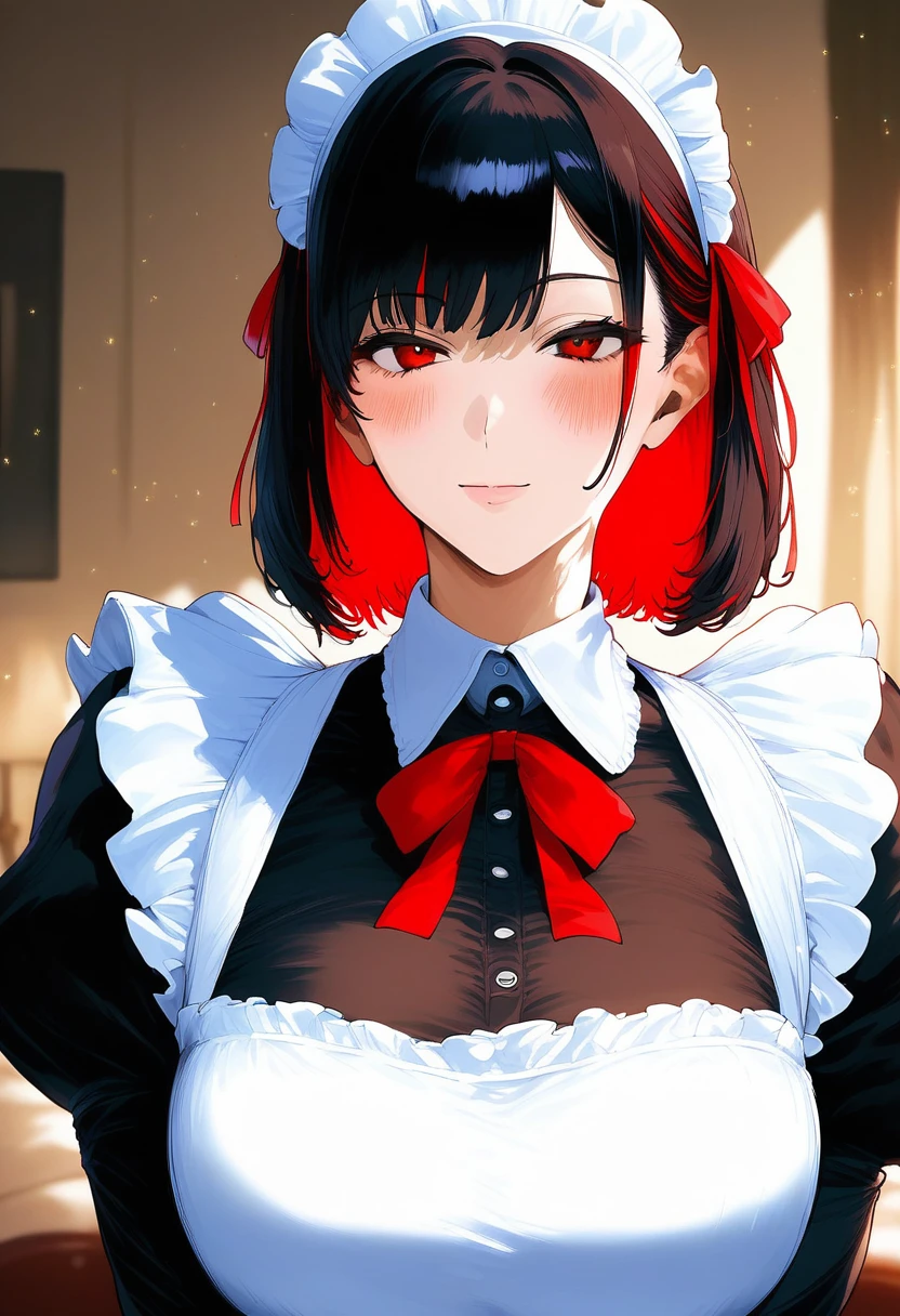 Red hair，Hair growing to the neck，Slightly short，Self-made roll，Black maid outfit，Cold expression，1.53 meters，Big Breasts，Shorter，Good posture，Sharp eyes，High and cold，Smiling，Front view，The body is strong，