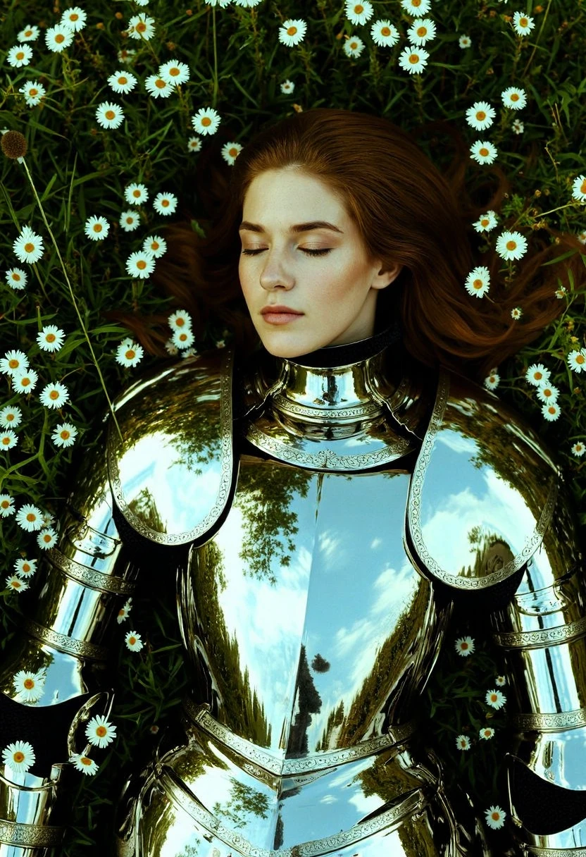 young woman knight in shining armor, early 20s, intricately detailed with engraved patterns, lies peacefully amidst a field of lush green grass and scattered white daisies, creating a striking contrast between the metal and nature. The reflective surface of the armor catches the soft light of the sky, displaying faint reflections of clouds and trees, blending the heavenly with the earthly. her eyes are closed, relaxed facial expression. articulated joints of the armor suggest meticulous craftsmanship and historical authenticity. The wildflowers encircle the figure, adding a serene, timeless quality to the scene. The image appears sharp, with vibrant colors and a clear focus, possibly indicating high resolution and professional quality