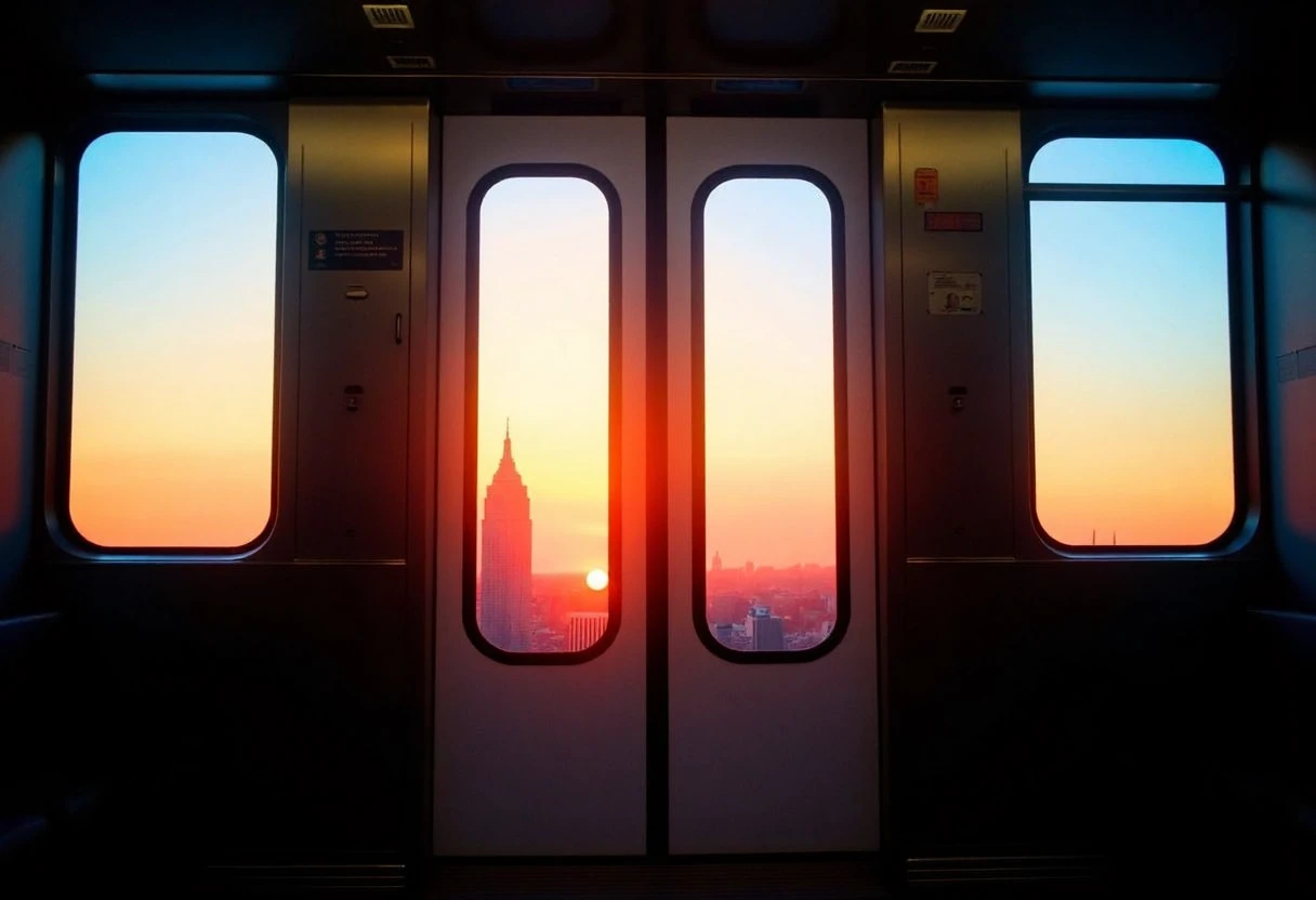 Interior of a subway train, doors as focal point, sunset lighting casting orange, pink, and blue hues across the interior, two large window panels in the center, view of urban skyline with high-rise buildings, distant moon visible in the sky, vibrant and atmospheric, shadows elongate inside the train car, no people present, calm and serene ambiance, sharp clarity, professional quality., 