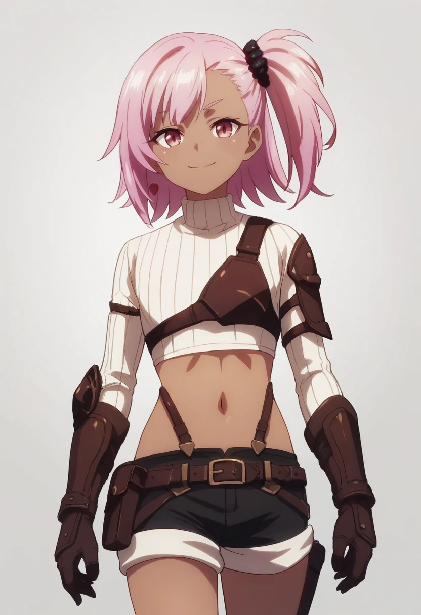 score_9_up,score_8_up,score_7_up,<lora:LTG_LS_v0.9_PONY-000034:1>,
1girl,side ponytail,pink eyes,short hair,pink hair,navel,turtleneck,brown gloves,black shorts,brown breastplate,dark skin,belt,black hair ornament,
cowboy_shot,looking at viewer,closed mouth,simple_background,white_background,smile