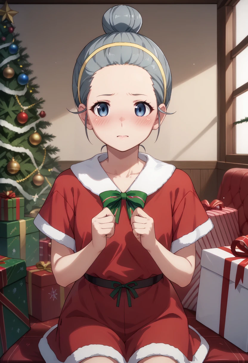 score_9, score_8_up,
1girl, <lora:NikawaUmikawa_OffSeason_PDXL:0.9>, nikawaumikawa, blue eyes, single hair bun, grey hair, yellow hairband,
christmas outfit,
blush,
indoors