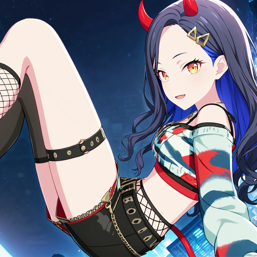 1girl, shiraishi an, project sekai, masterpiece, very aesthetic, absurdres, official art,
vivid devil red, solo, (forehead:1.3), black long hair, royal blue inner color hair, orange eyes, (split eyes, :1.4), 
(looking at viewer:1.4), sitting, leaning back, :D, fangs, (weightlessness, zero gravity, flying in the air:1.4), BREAK
face focus, leaning forward, spread legs, hand between legs, red demon wing, 
demon girl, red demon horns, black short shorts, demon tail, black thighhighs, necklace, fishnets, single thighhigh, thigh strap, red nails, belt, off shoulder, grey long sleeves, midriff, crop top, off-shoulder grey shirt, fishnet top, nail polish, sleeves past wrists, asymmetrical legwear, navel, multiple rings, bare shoulders, breasts, jewelry, 
City of night, alley, night, above the city, in the sky, best illuminate wonderland, 
 <lora:sdxl-vbs-VVDevilR07:0.9:lbw=0,0,0.2,0.2,0,0.4,0.4,0,0.8,0.8,0,0,0,0.8,0.8,0.6,0.8,0.0,0.0,0.0,0,0,0,0,0,0>