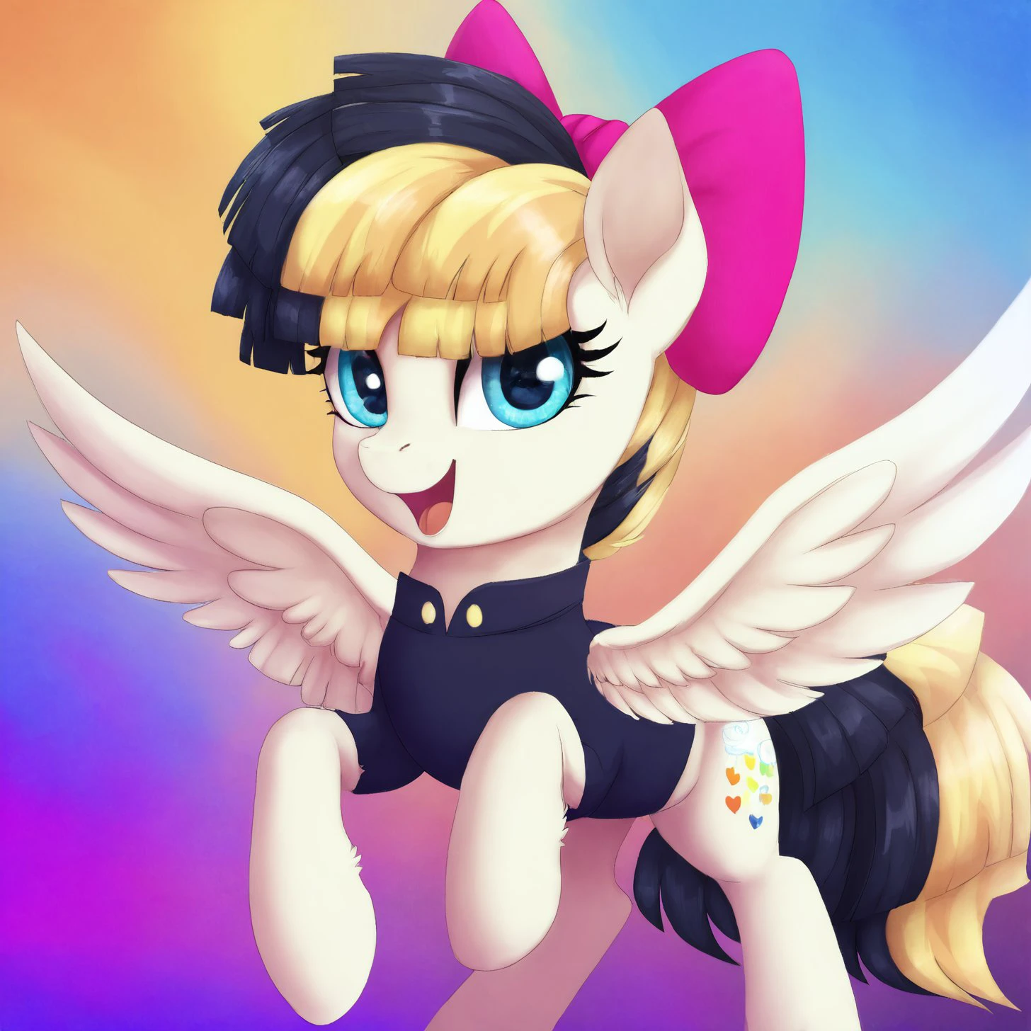 score_9, score_8_up, score_7_up, score_6_up, score_5_up,with beautiful, detailed, (detailed cute pony face), detailed eyes, detailed fur, beautiful, vector, flat colors, (abstract background: 1.8), (looking at you, looking at viewer: 1.5), cute smile, happy, ((close-up)),<lora:Songbird Serenade:1>Songbird Serenade PEGASUS,Blue eyes
<lora:Wholesome_MLP-v1.2:1> <lora:Realistic000003_1_2.5DAnime_0.05_Merge1:1