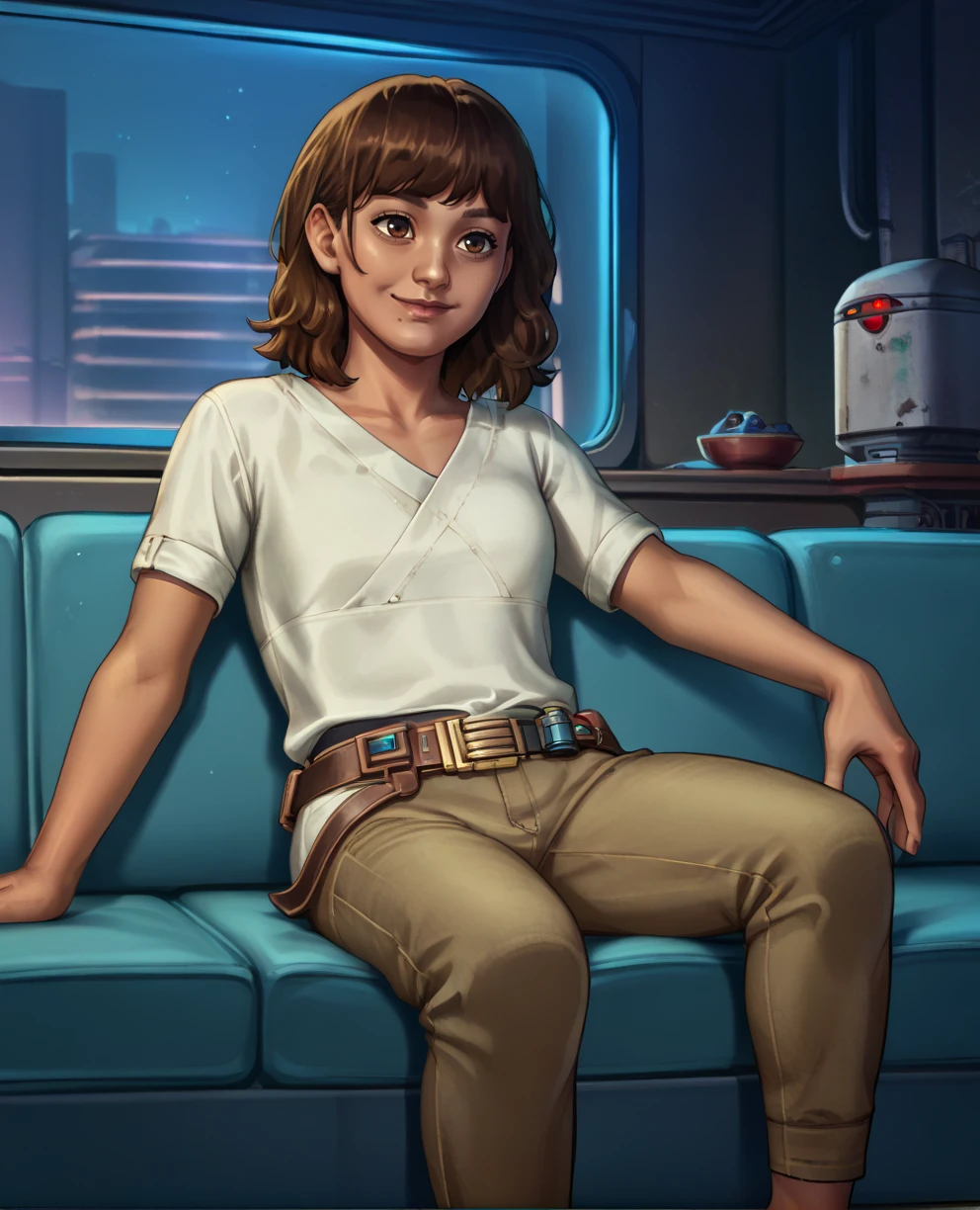 score_9,score_8_up,
kayxl,brown hair,brown eyes,bangs,medium hair,
belt,pants,light smile,white shirt,short sleeves,
solo,
sitting,
slums,night,
science fiction,indoors,lounging,
<lora:KaySWOxl-125TH:0.9>,