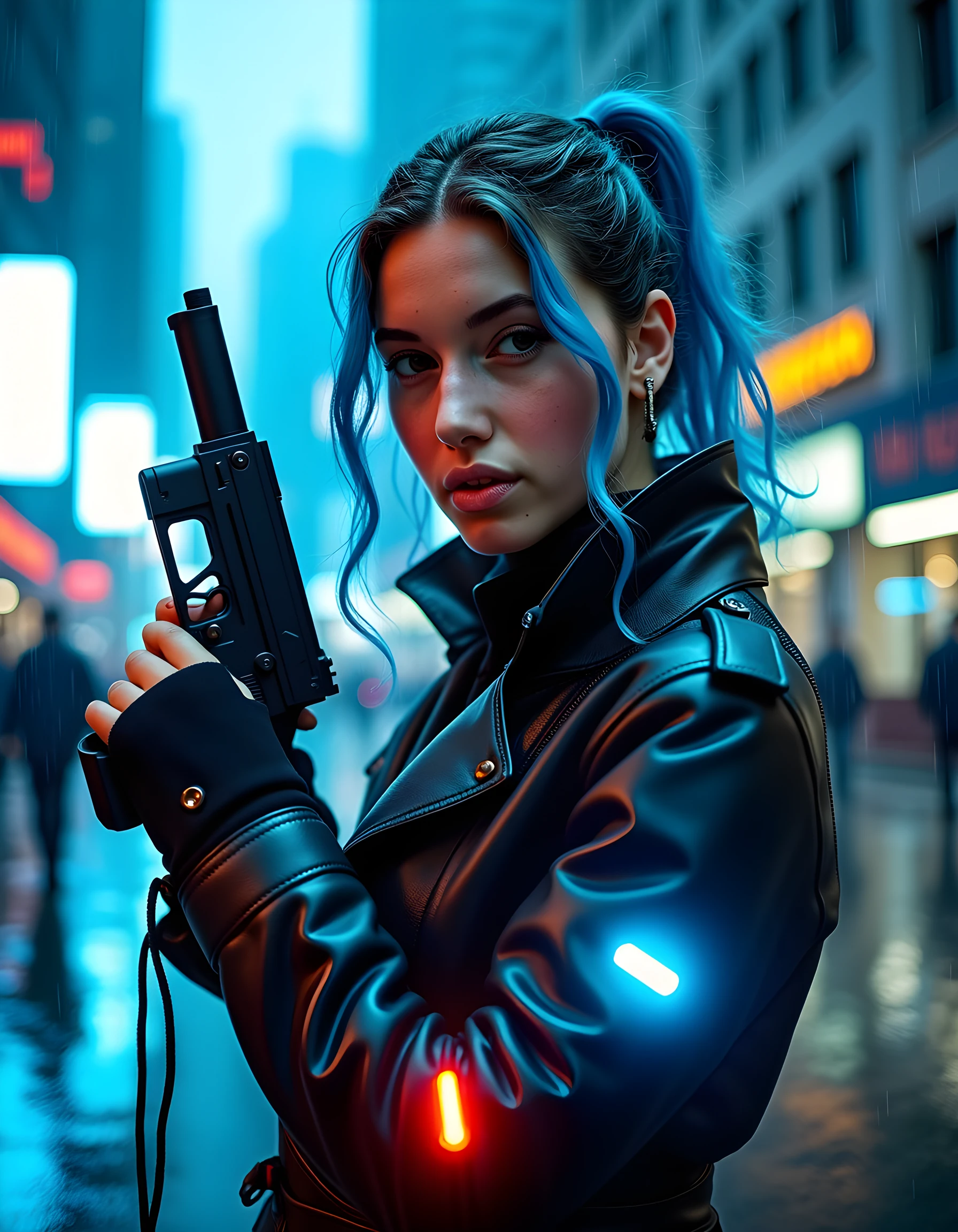 In a gritty, neo-noir style, a close-up image captures K4R1MA, a woman with a piercing gaze and electric blue hair, standing in the dimly lit, rain-soaked streets of a dystopian cityscape. Clad in a sleek, high-tech leather trench coat adorned with neon lights that pulse with an eerie glow, she confidently poses with one hand casually resting on a hi-tech, futuristic pistol, the other gripping the collar of her coat as raindrops stream down her face, her eyes reflecting a fierce determination and defiance against the oppressive backdrop. The image is bathed in an ominous, blue-hued neon light that casts long, dramatic shadows, while the background is filled with towering skyscrapers shrouded in smoke and fog, their windows reflecting the flickering, electric glow of the city's underbelly. The emotional tone is one of resilience and rebellion, as K4R1MA stands as a beacon of hope amidst the chaos and corruption that surrounds her.