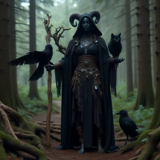 A druid with onyx-black skin who blends into the forest shadows, her bond with nocturnal creatures aiding her in her quest to protect the wild.