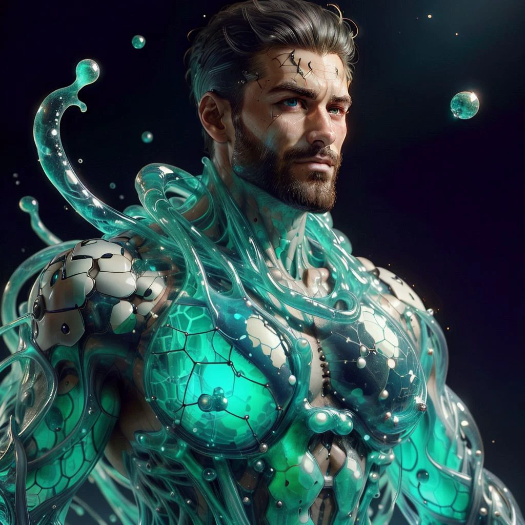 <lora:Navi_SlimeTech_L:1>  nv_slimetech ,scifi, translucent, tendrils, melting ,
<lora:Gigachadv1:0.6> gigachad, upper body,closeup, man , beard stubble, black hair,