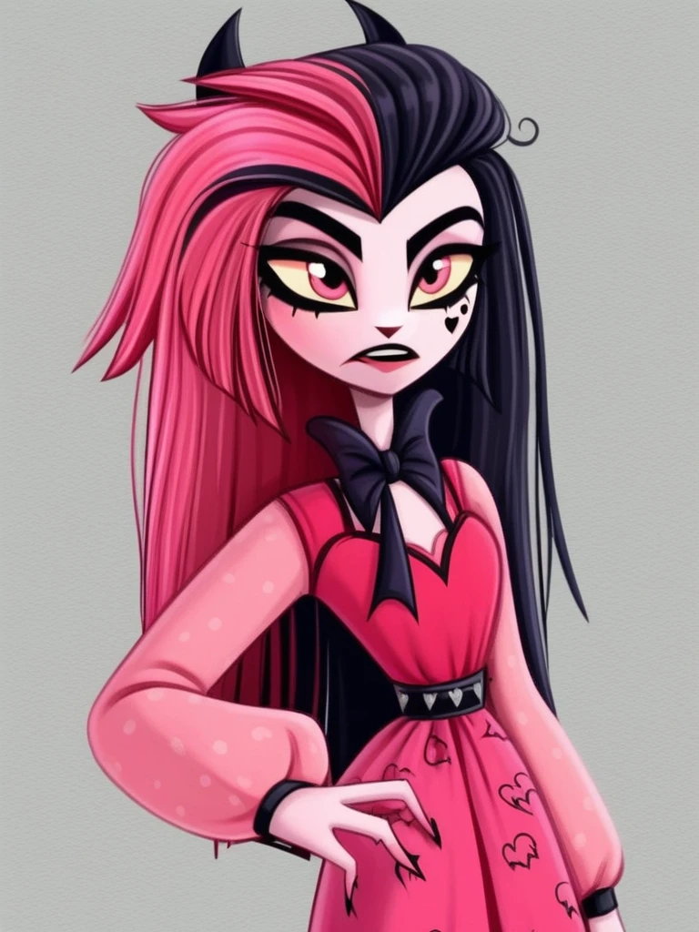 1 girl, 1 person, solo, <lora:HelHazbinV2:1> hellhazbin , <lora:Draculora:1> draculaura, streaked hair, pink hair, black hair, two-tone hair, pink eyes,
