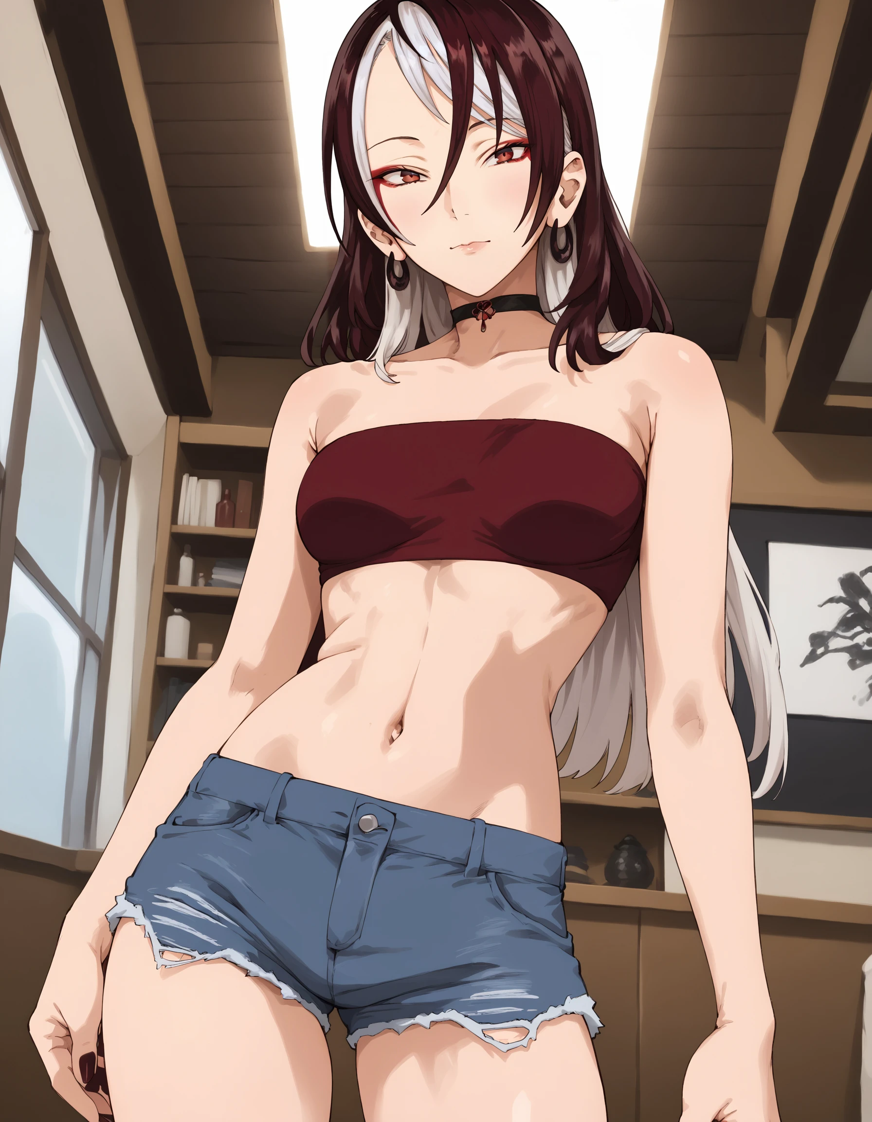 score_9, score_8_up, score_7_up
BREAK 1girl, solo, <lora:IrukoXL-v5:1>, iruko, two-tone hair, dark maroon hair, white hair, long hair, red eyes, makeup, choker, black bandeau, midriff, navel, groin, cutoffs, looking at viewer, pose, indoors