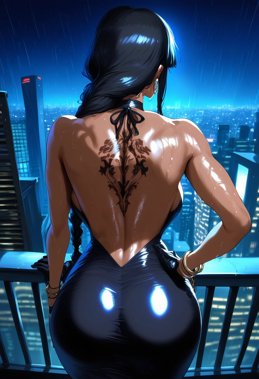 1 beautiful woman, fantasy art, fishnet body suit, arms behind back, background tropical cityscape at night, large moon, masterpiece, intricate detail