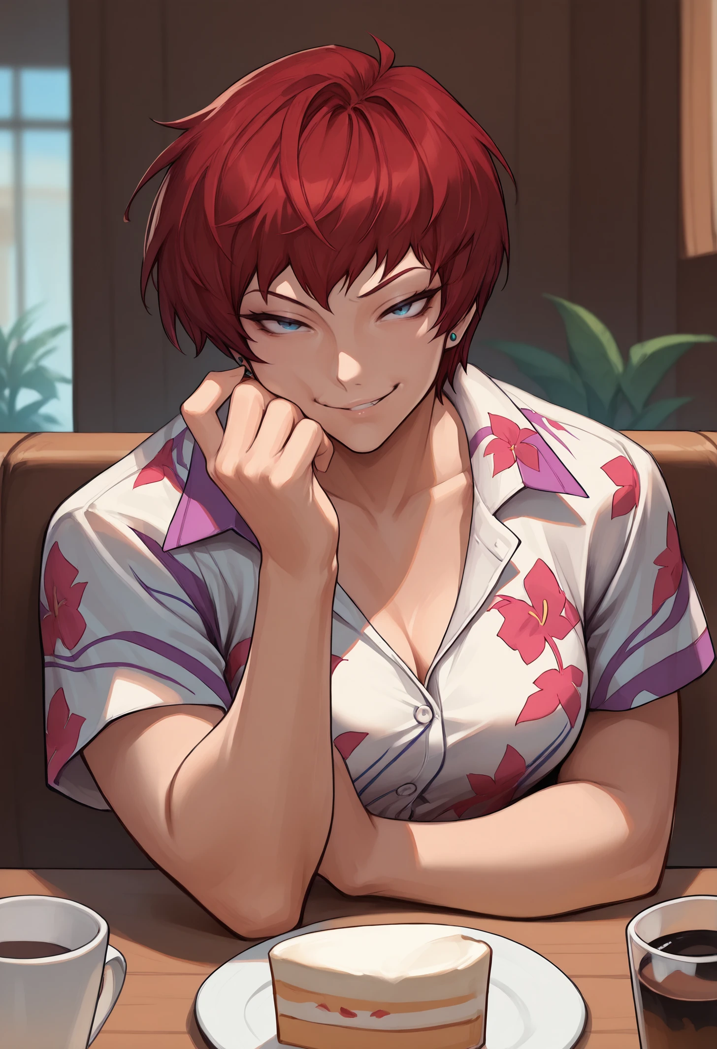 masterpiece, best quality,mmixmorg, <lora:MorgyMixStyle-illustXL_V1-Manityro-CAME:1>,
 1girl, solo, akmktb, tomboy, short hair, red hair, blue eyes, stud earrings, jewelry, hawaiian shirt, dress shirt, unbuttoned, multicolored shirt, purple shorts, looking at viewer, pov across table, pov, table, cafe, coffee, upper body, elbow rest, seductive smile, smirk, parted lips, cake indoors,<lora:akwmk_idxl_EliPot:1>