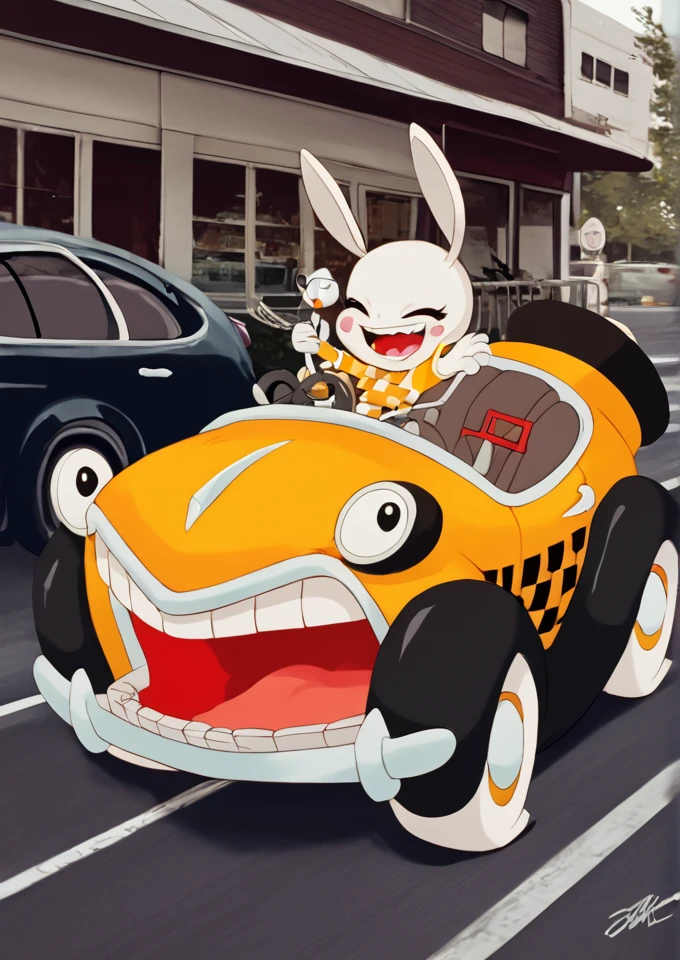 score_8_up, score_7_up, illustration, source_manga, rating_safe, r3tr0XLP ,<lora:r3tr0XLP:0.7>, b3NnyC4b, benny, cartoon car, cartoon taxi, large eyes, headlight eyes, grill mouth, yellow cab, steering wheel, checkered pattern, white tires, flat tires, mouth closed, teeth, no driver, <lora:Benny_The_Cab_-_Who_Framed_Roger_Rabbit_1988_-_Pony:0.8>, break,  (in a city, :1.2)