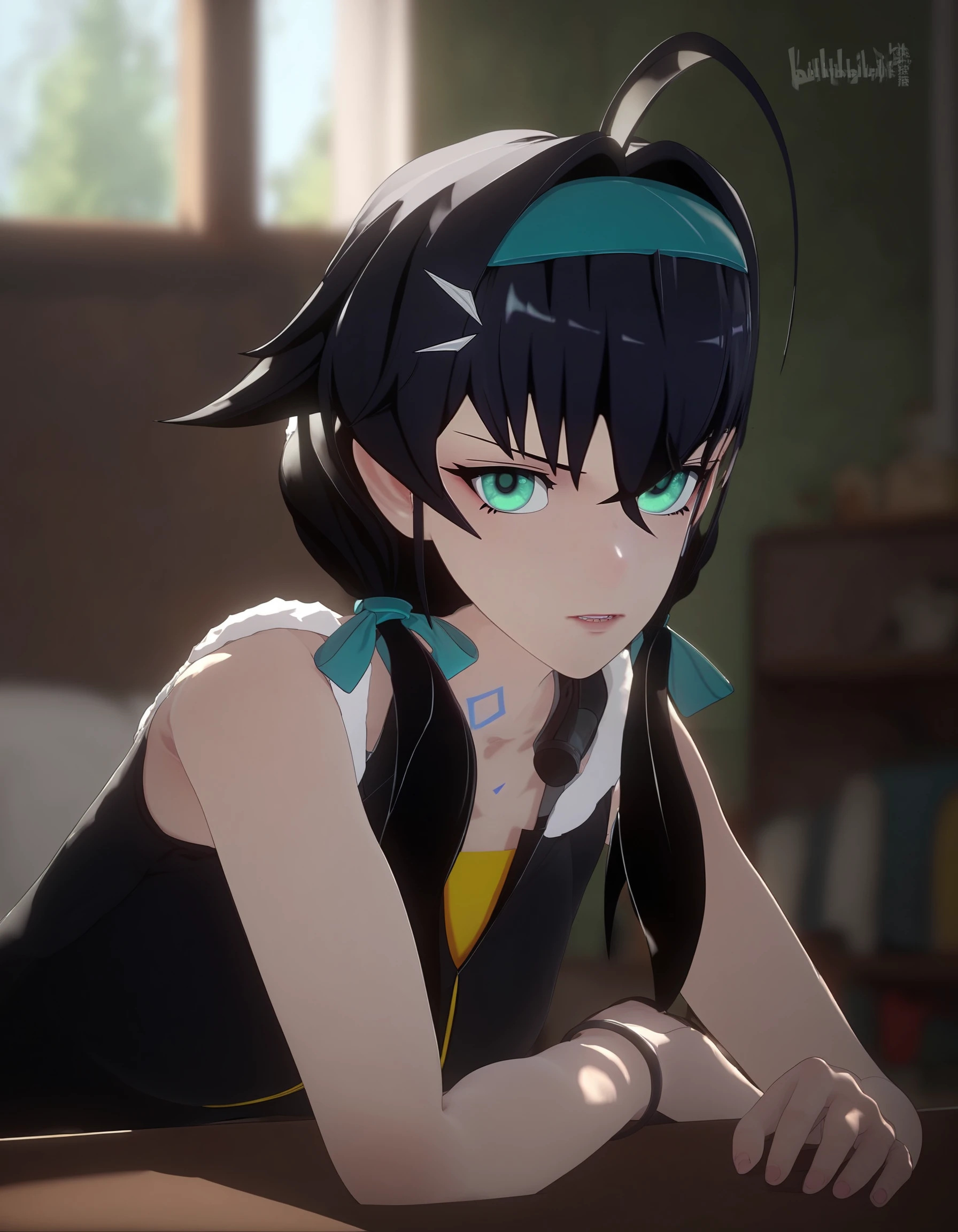 score_9,score_8_up,score_7_up,source_anime,<lora:ykzg_pony:1>,1girl, solo, black hair, hairband, green eyes, looking at viewer, long hair, parted lips, ahoge, indoors, blurry, ribbon, hair ribbon, blurry background, black shirt, sleeveless