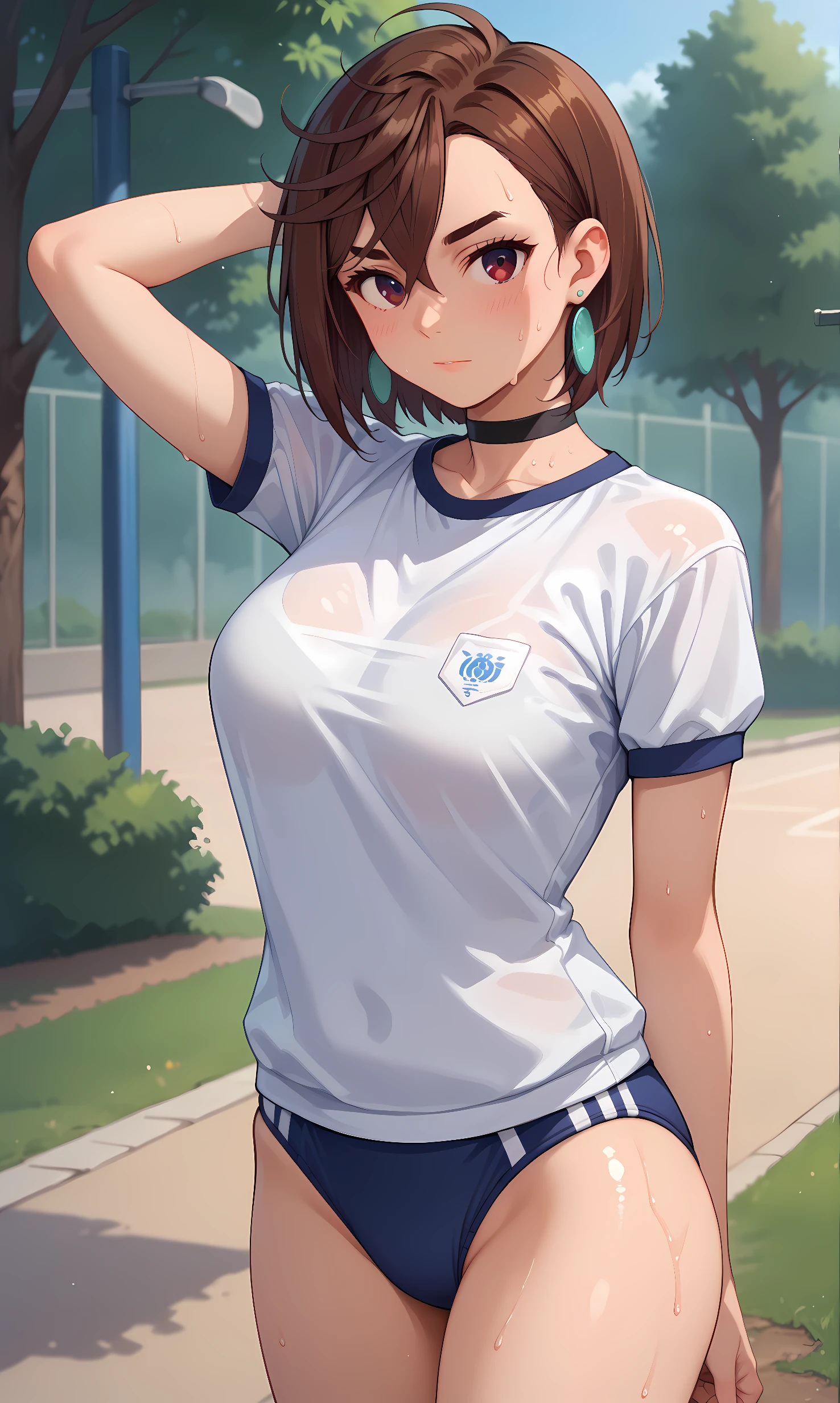 score_9, score_8_up, score_7_up, source_anime, 1girl, solo, outdoors, park, cowboy shot, standing, looking at viewer, shiny skin, ayase_momo, red eyes, brown hair, short hair, pendant earrings, choker, white shirt, short sleeves, gym uniform, buruma, sweat, stretching