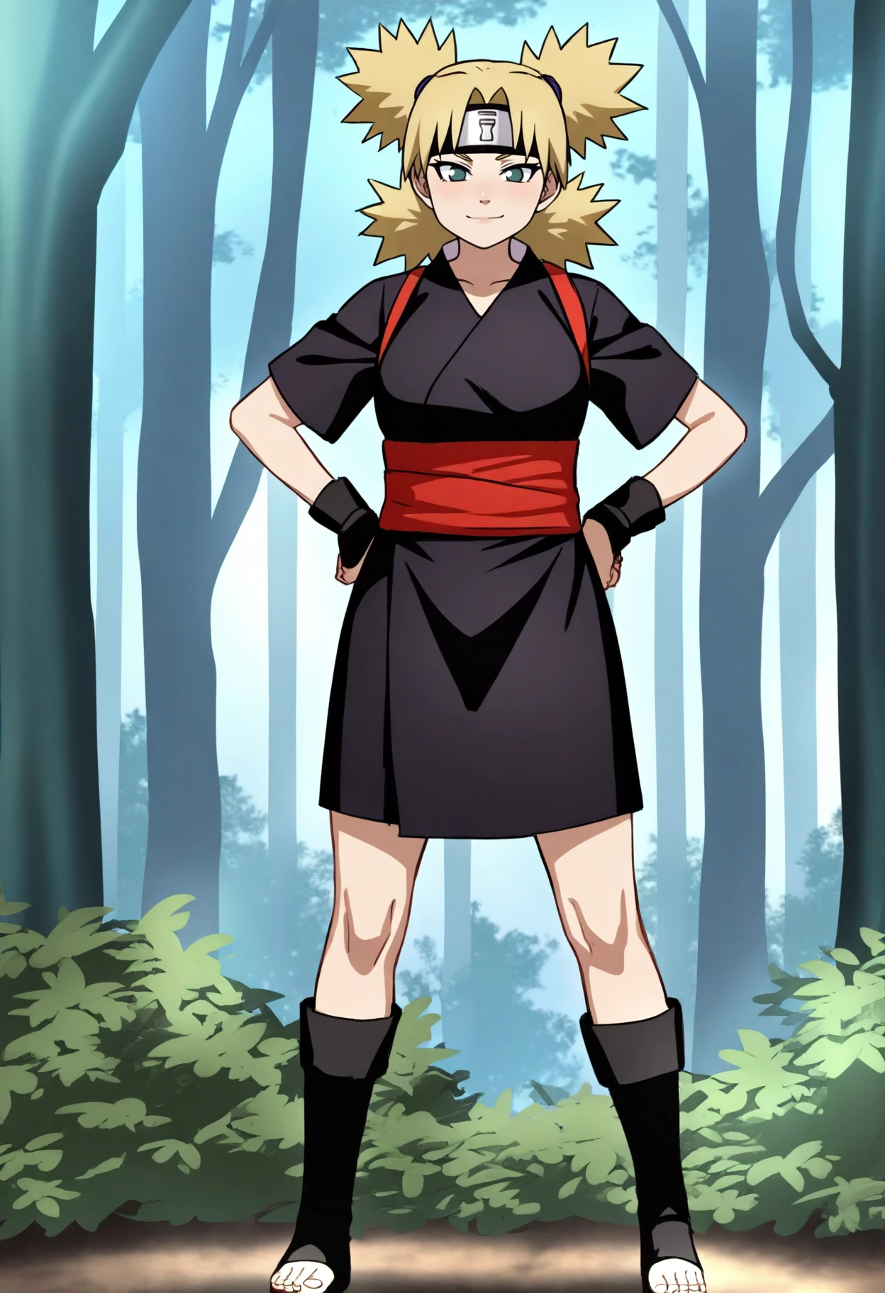 best quality, amazing quality, very aesthetic, absurdres,
1girl, temari, blonde hair,quad tails, dark green eyes,
forehead protector, black kimono, red sash, short sleeves, toeless boots,
hands on hips, standing, solo, smile, looking at viewer, trees, forest background,   <lora:TemariShippudenIllustriousXL_byKonan:1>