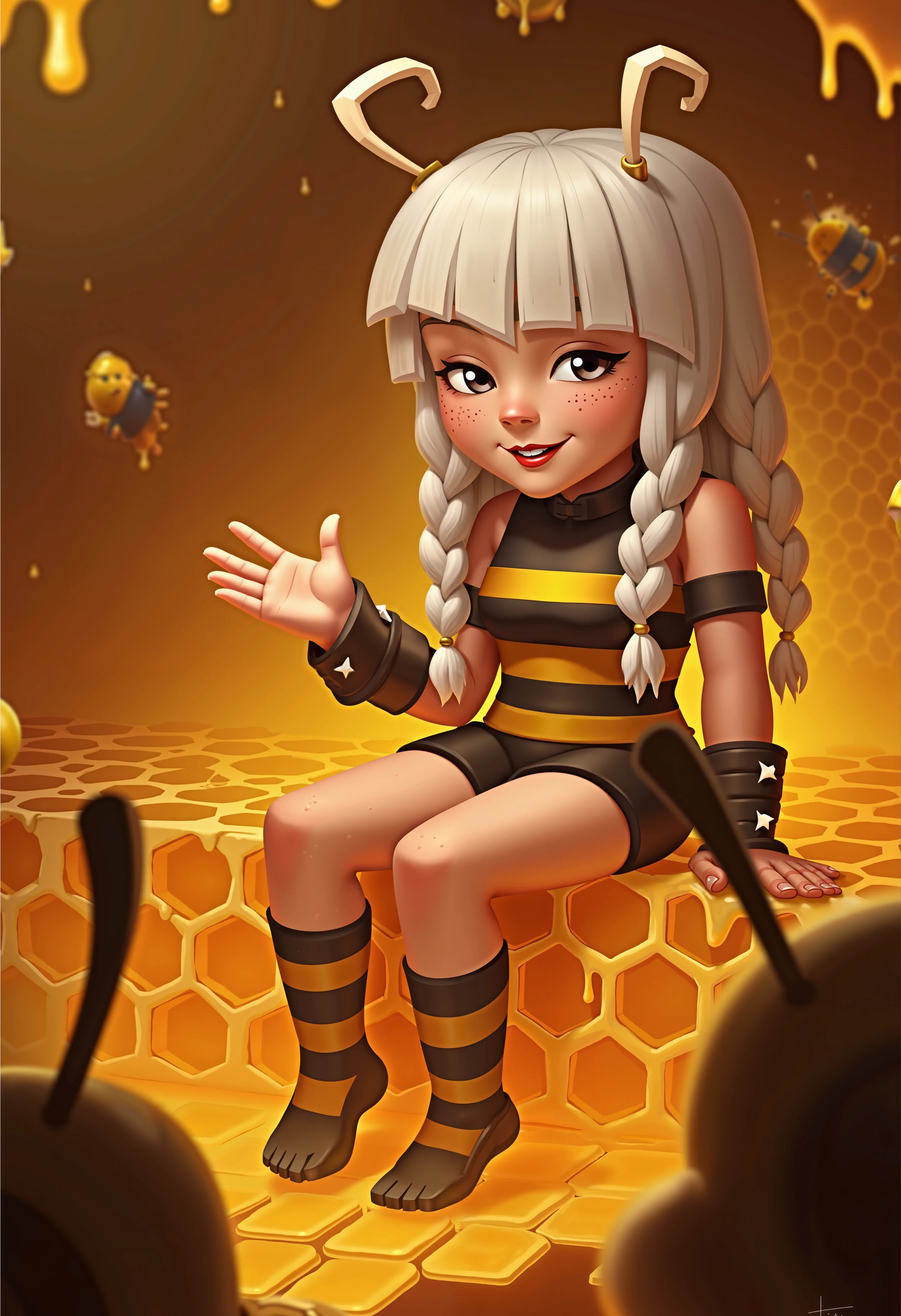 ClashR style, This is a digital illustration in a fantasy ClashR style, featuring a young woman with a surreal, ethereal quality. The artwork is rendered in a hyper-realistic, dreamlike style, blending elements of fantasy and nature. The subject is a beautiful girl sitting in a giant beehive, hand in the honey, she has freckles, white hair, long braids, pale skin, skinny, striped thigh high stockings, black and yellow stripes, bee costume, antennae, satisfied expression, she is surrounded by honeycombs dripping with honey, humanoid bee soldiers are guarding the honey