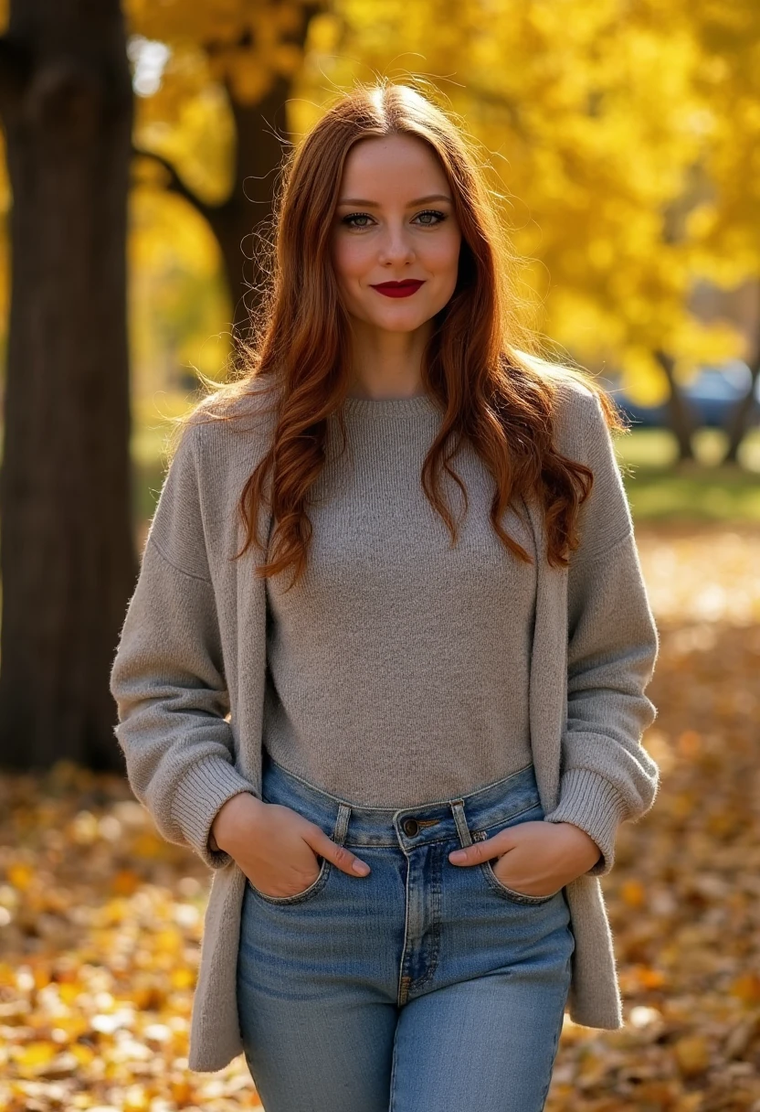 an amateur photo of barbarameier, a woman, wearing lipstick and modest casual autumn clothes and jeans on a sunny autumn day.