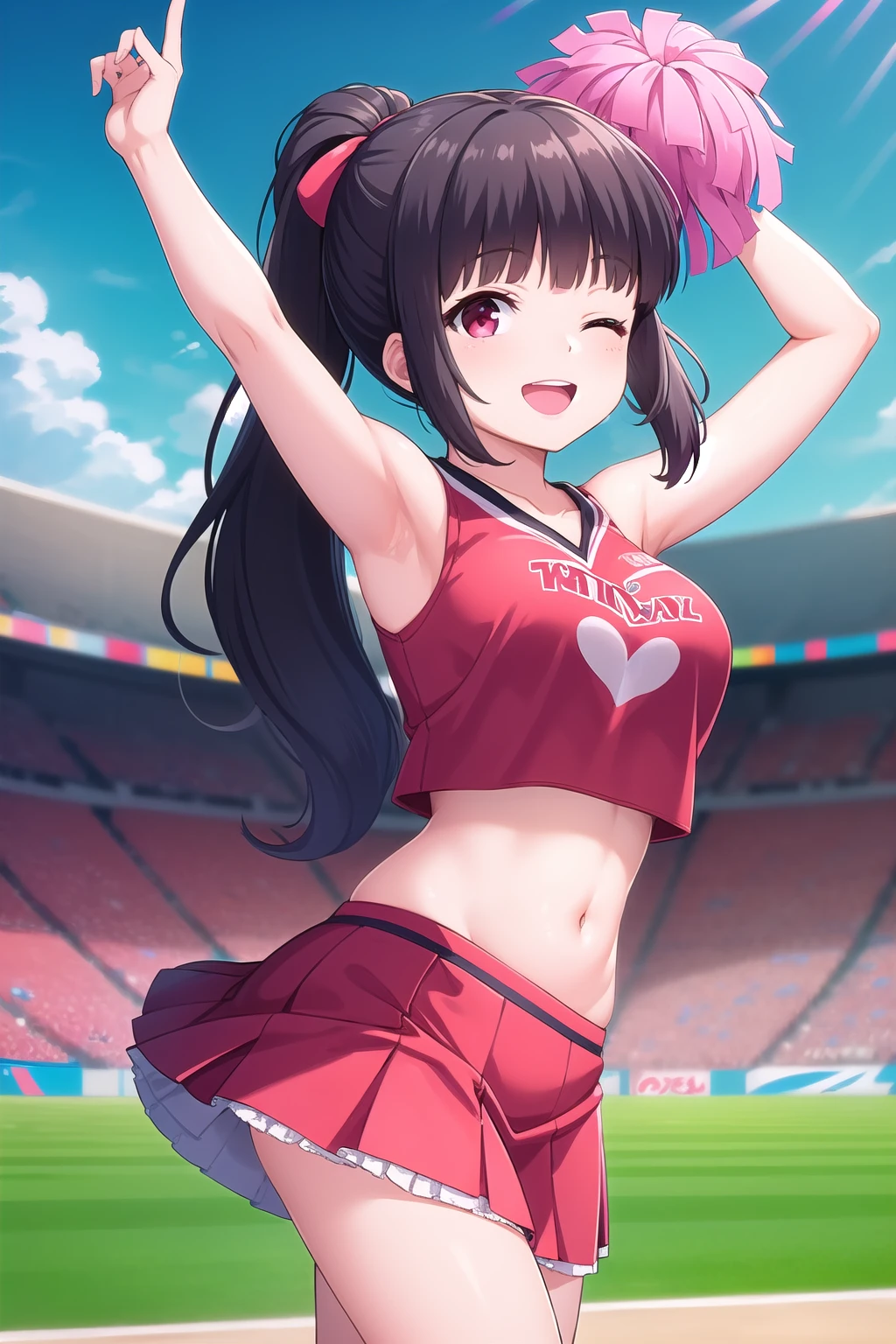 (masterpiece, best quality), highly detailed background, perfect lightingbest quality, morizonomei, solo, outdoors, stadium, cheerleader, dark purple hair, ponytail, three-tone ribbon, hair ribbon, blunt bangs, wavy hair, long hair, one eye closed, pink eyes, medium breasts, red shirt, two-tone shirt, sleeveless shirt, crop top, (arms up, holding pom poms:1.1), red skirt, two-tone skirt, frilled skirt, miniskirt, smile, open mouth, ;d, pink lips, <lora:Morizono-Mei:0.7>