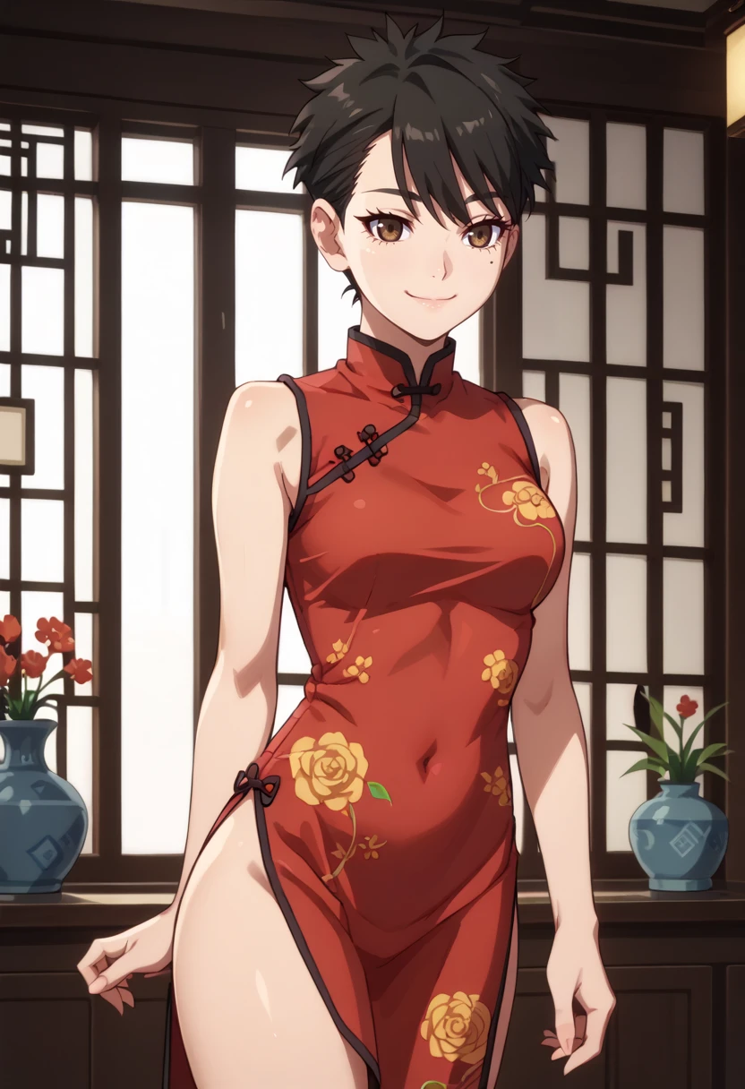 score_9, score_8_up,
1girl, <lora:ReikaMayoko_OffSeason_PDXL:0.9>, reikamayoko, mole under eye, brown eyes, short hair, black hair,
china dress,
slight smile,
indoors