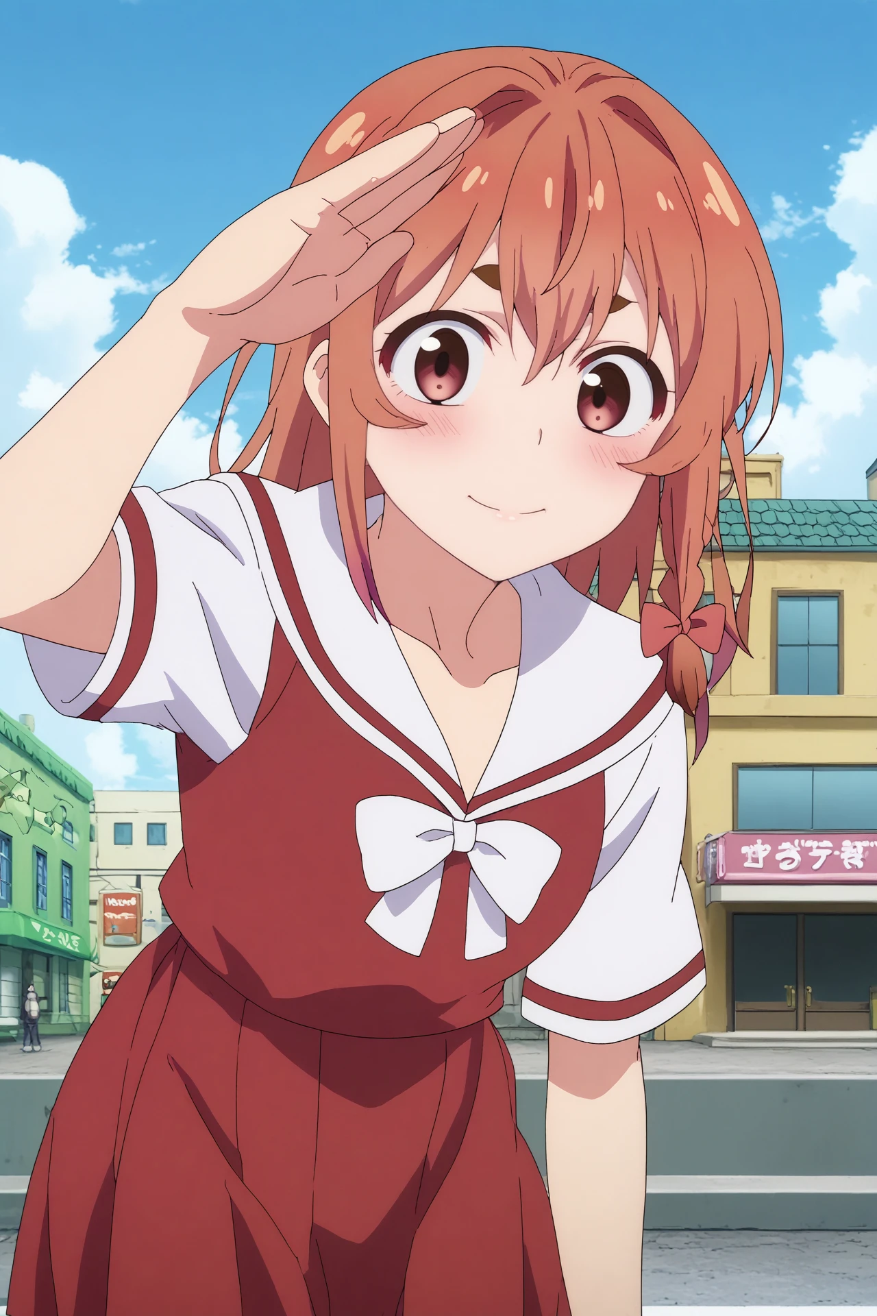 sumi sakurasawa,1girl,solo,smile,braid,blush,shirt,bow,hair bow,thick eyebrows,bangs,red hair,school uniform,sailor collar,side braid,hair between eyes,red bow,looking at viewer,perfect eyes,salute BREAK
outdoors,city,building,three,blue sky,cloudy sky,summer,sunshine


<lora:Sumi_Sakurasawa_-_Rent-A-Girlfriend.safetensors:0.8>
<lora:detailed_backgrounds_v2.safetensors:0.7>
