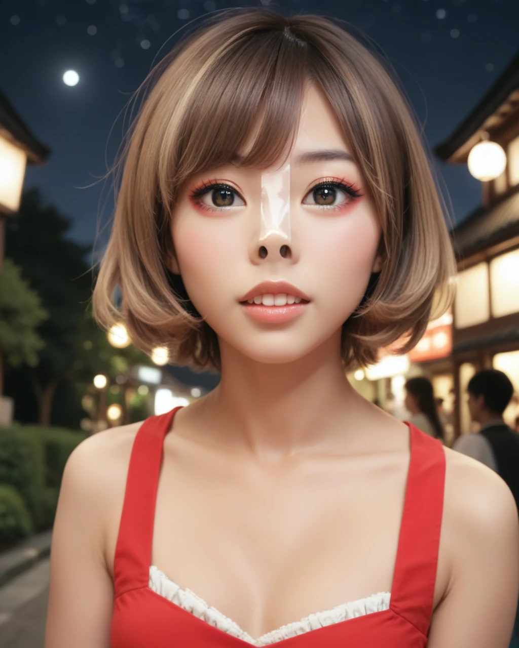 score_9, score_8_up, score_7_up, score_6_up, score_5_up, score_4_up,BREAK,(japanese,girl:1.5),(wide shot:1.5),teeth,looking viewer,teeth,light brown short hair,party dress,<lora:PONY_Realistic_nose_tape_v1.1:0.7>nosetape,upper body,beautiful,makeup,big eye,night view,outdoor,cowlick