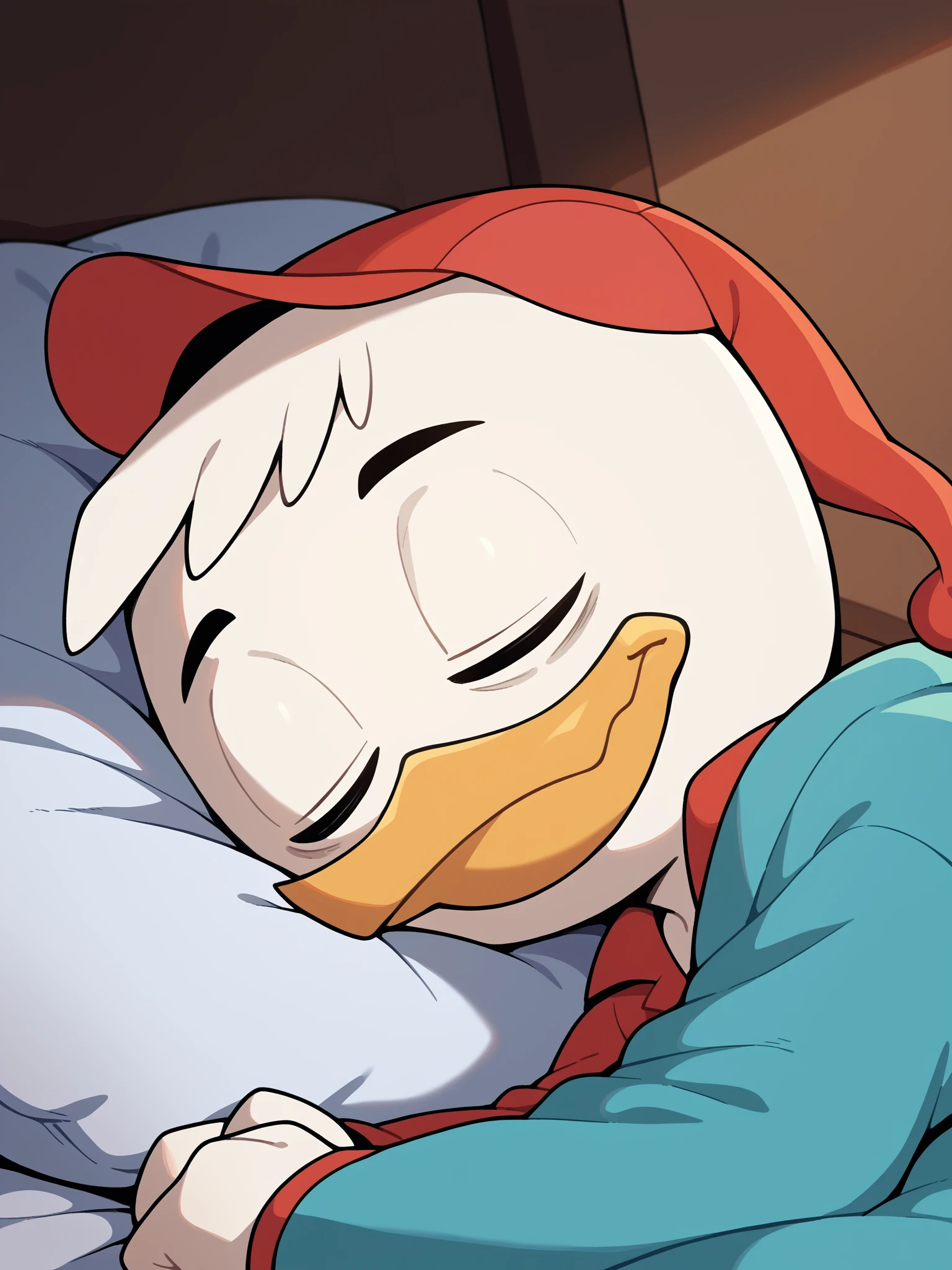 dr0ckdraws7yl3, score_9, score_8_up, score_7_up, score_6_up, score_5_up, best quality, highres, source_furry, indoors, bedroom, on bed, sleeping, bags under eyes, 
1boy, solo, duck, beak, hueypdxl, young, sleeping, eyes closed, black eyes, white skin, red hat, onesie, pajamas, red nightcap, under covers, blanket <lora:Huey_Duck:0.9>