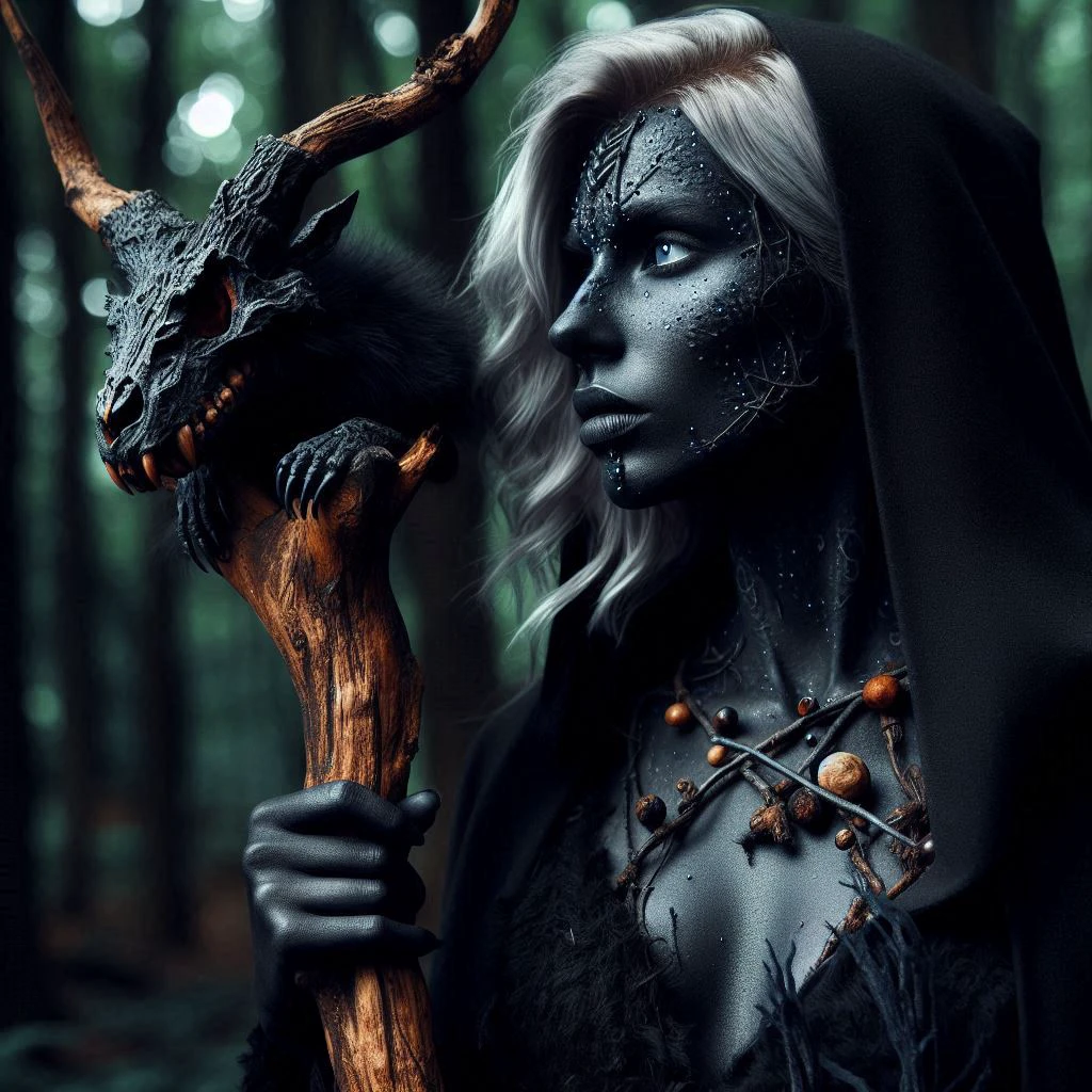 A druid with onyx-black skin who blends into the forest shadows, her bond with nocturnal creatures aiding her in her quest to protect the wild side view