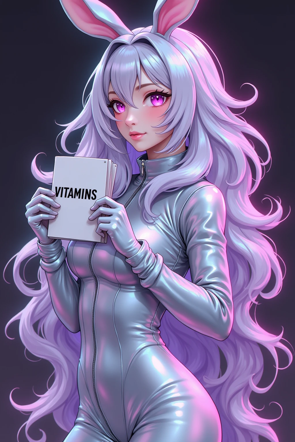 bunnygirl，Anime-style，rabbit ears，neon colors，1girl，silver bodysuit，vitamins，Holding a piece of paper with both hands, it reads: VITAMINS